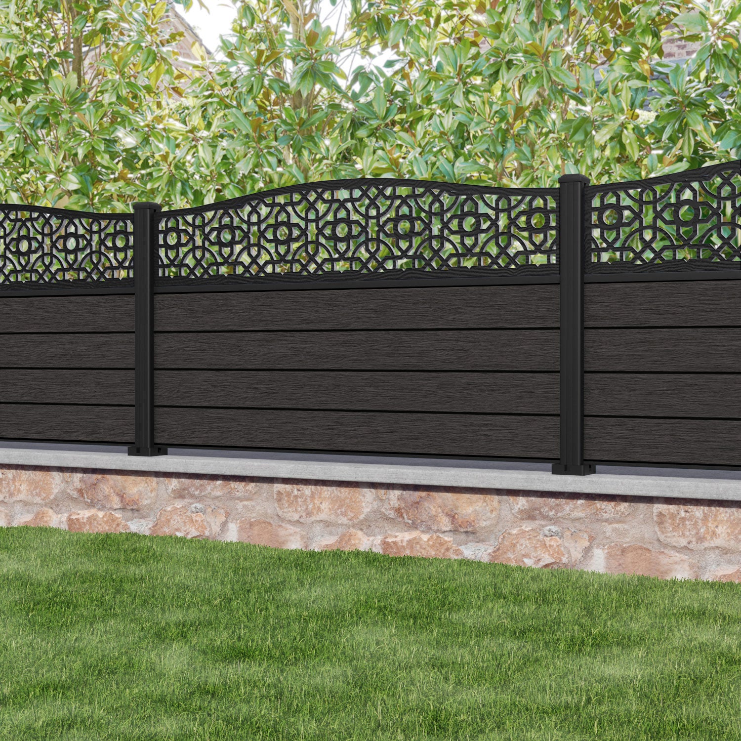 Fusion Nabila Curved Top Fence Panel - Dark Oak - with our aluminium posts