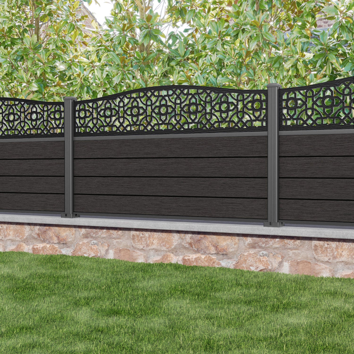 Fusion Nabila Curved Top Fence Panel - Dark Oak - with our aluminium posts