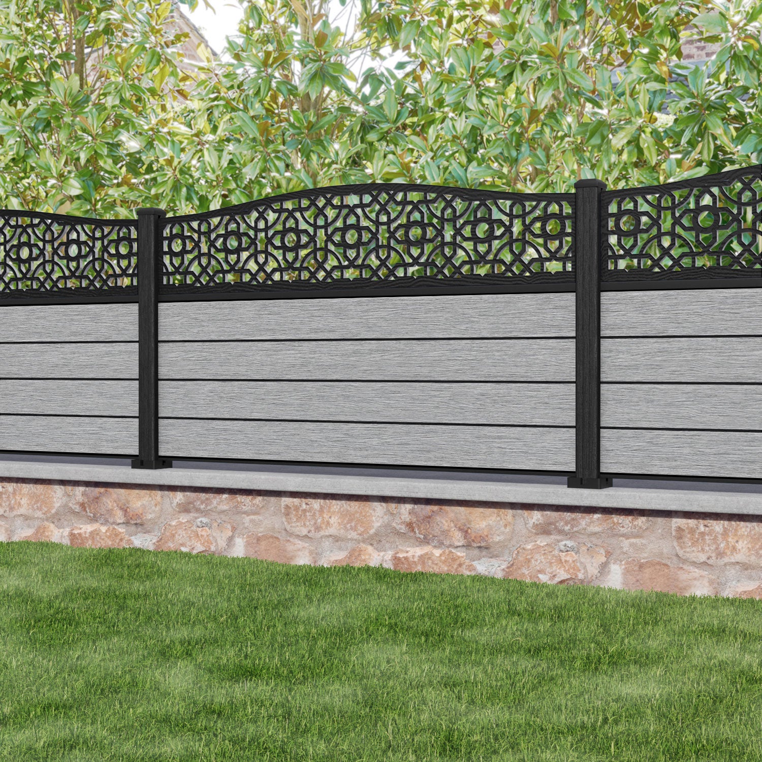 Fusion Nabila Curved Top Fence Panel - Light Grey - with our composite posts