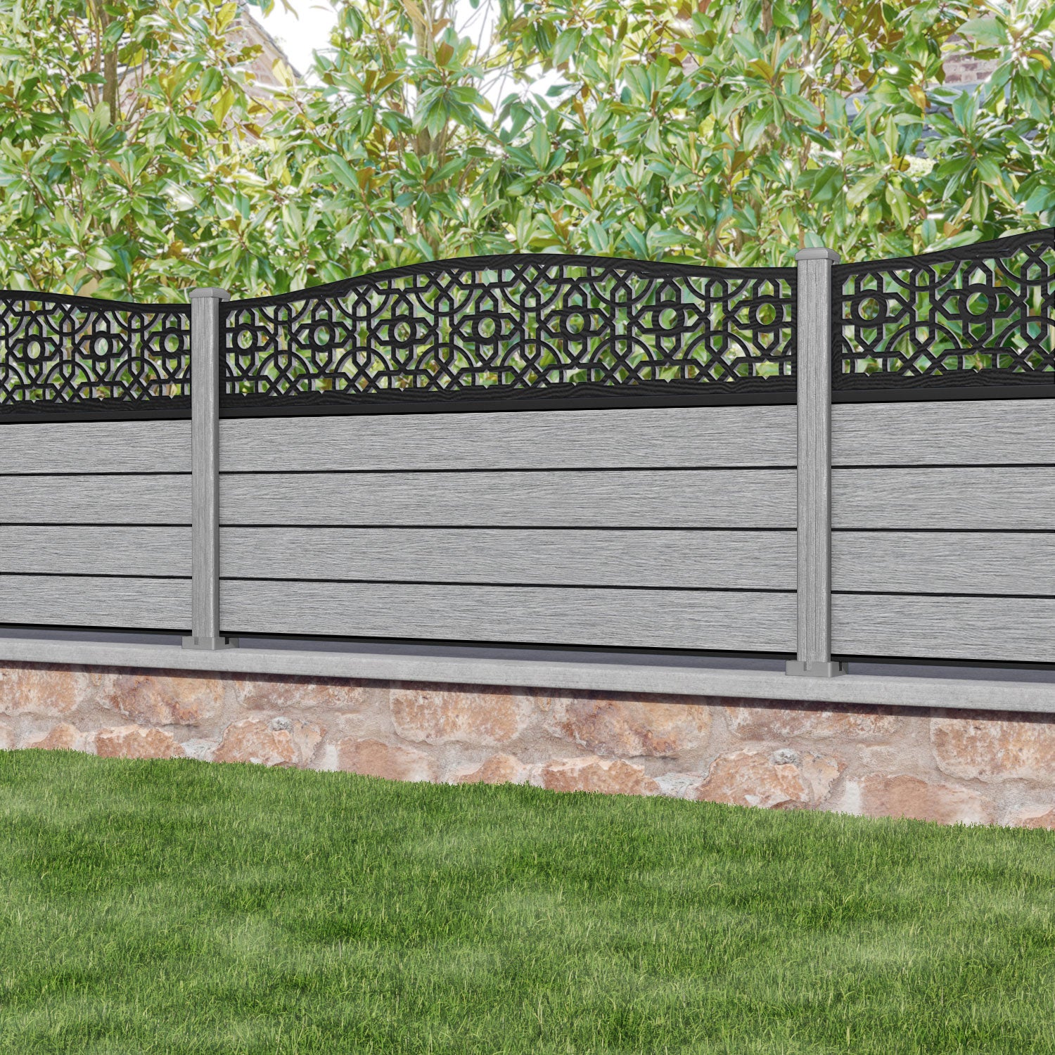 Fusion Nabila Curved Top Fence Panel - Light Grey - with our composite posts