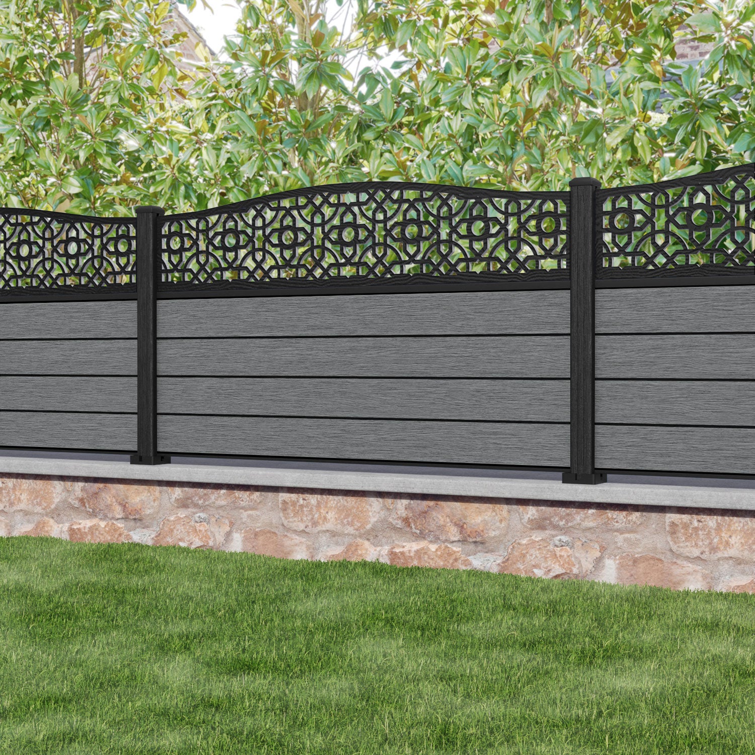 Fusion Nabila Curved Top Fence Panel - Mid Grey - with our composite posts