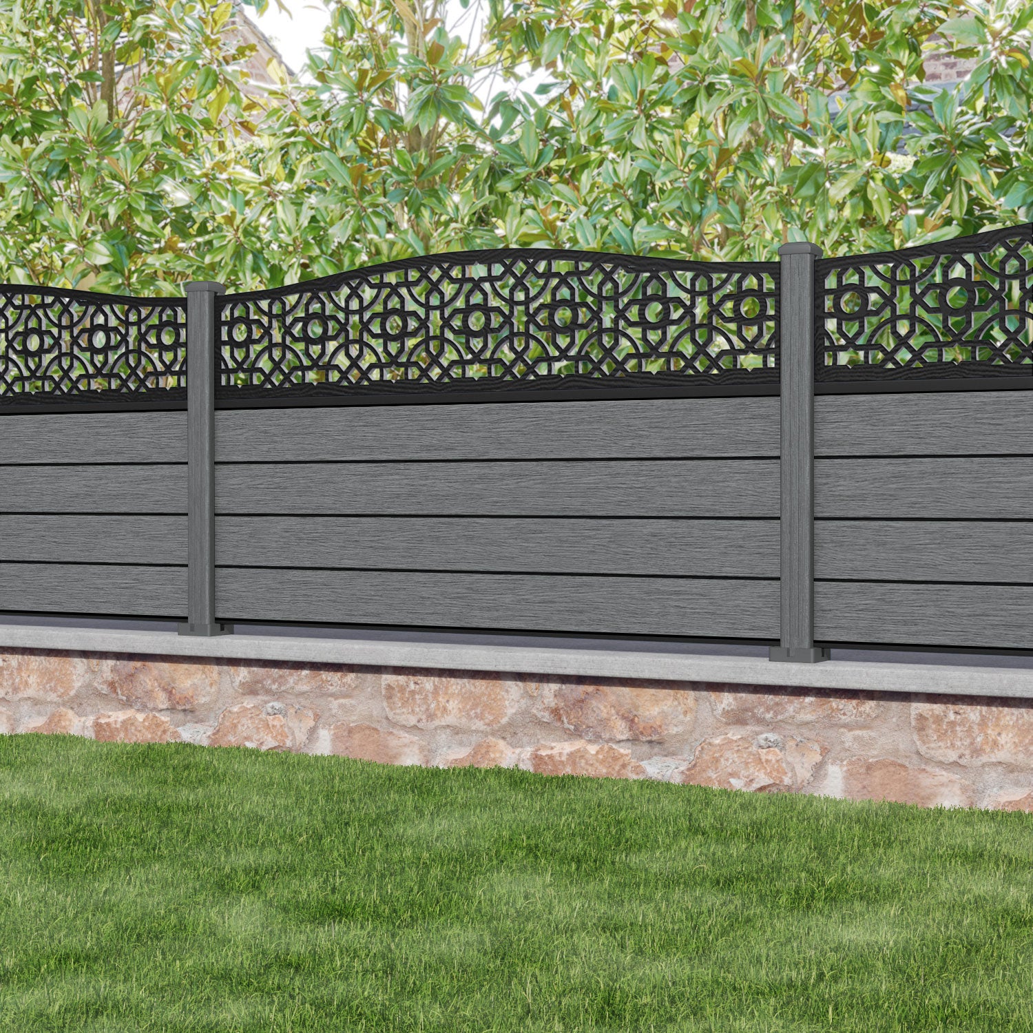 Fusion Nabila Curved Top Fence Panel - Mid Grey - with our composite posts