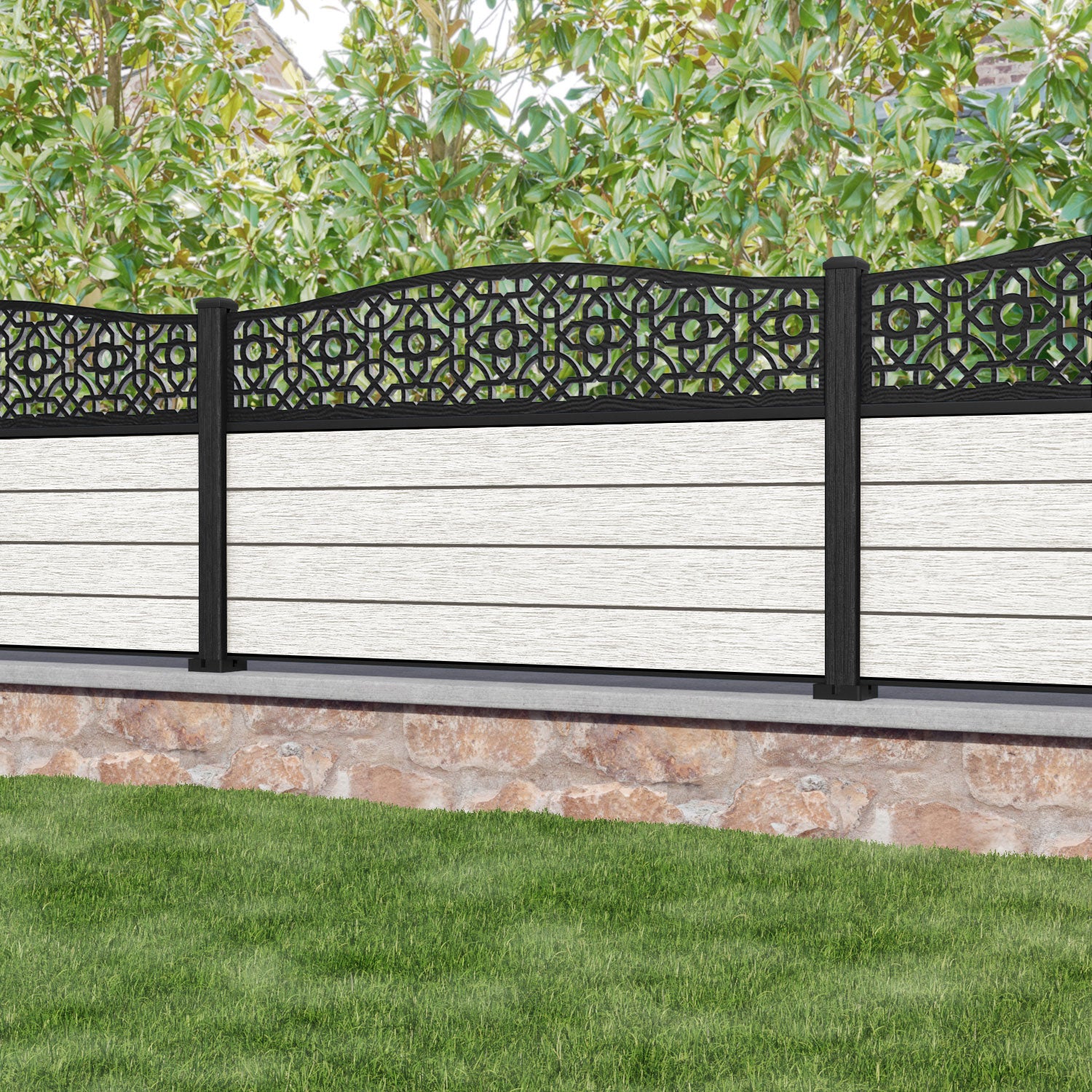 Fusion Nabila Curved Top Fence Panel - Light Stone - with our composite posts