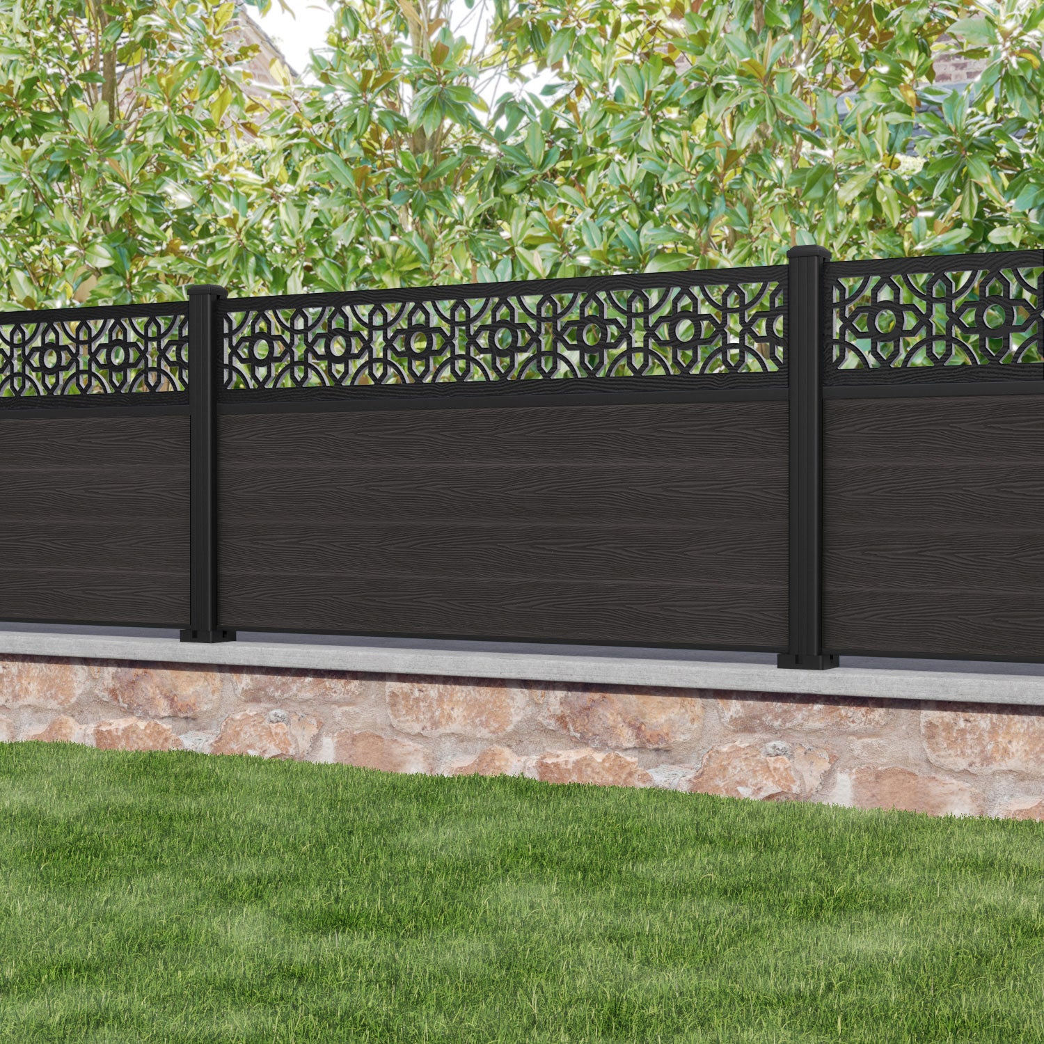Classic Nabila Fence Panel - Dark Oak - with our aluminium posts