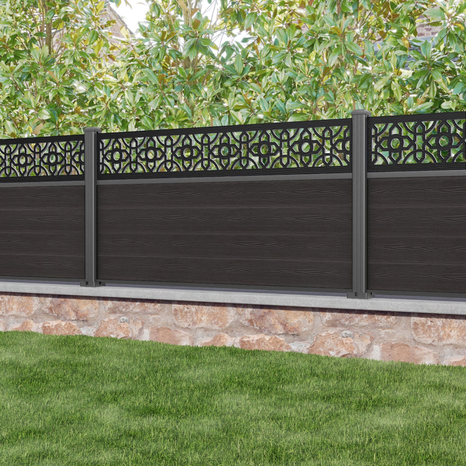 Classic Nabila Fence Panel - Dark Oak - with our aluminium posts