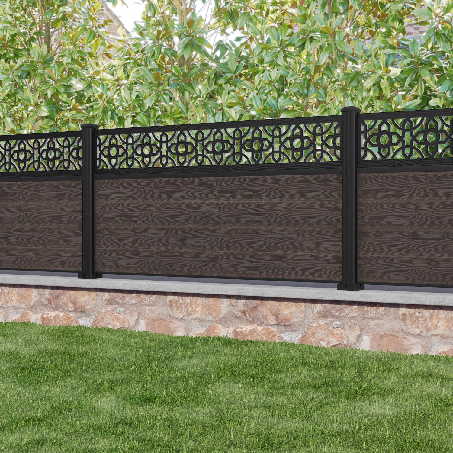 Classic Nabila Fence Panel - Mid Brown - with our aluminium posts