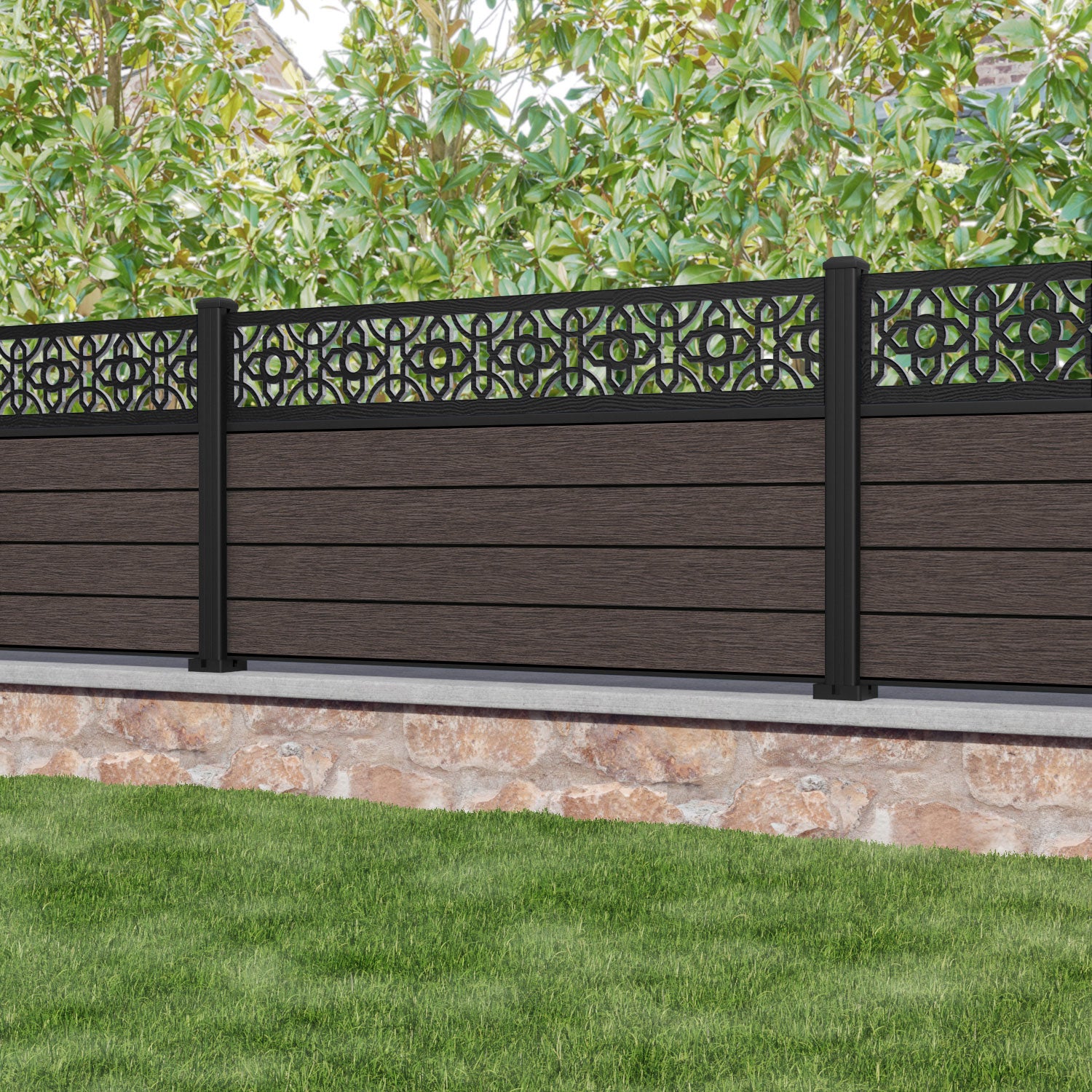 Fusion Nabila Fence Panel - Mid Brown - with our aluminium posts