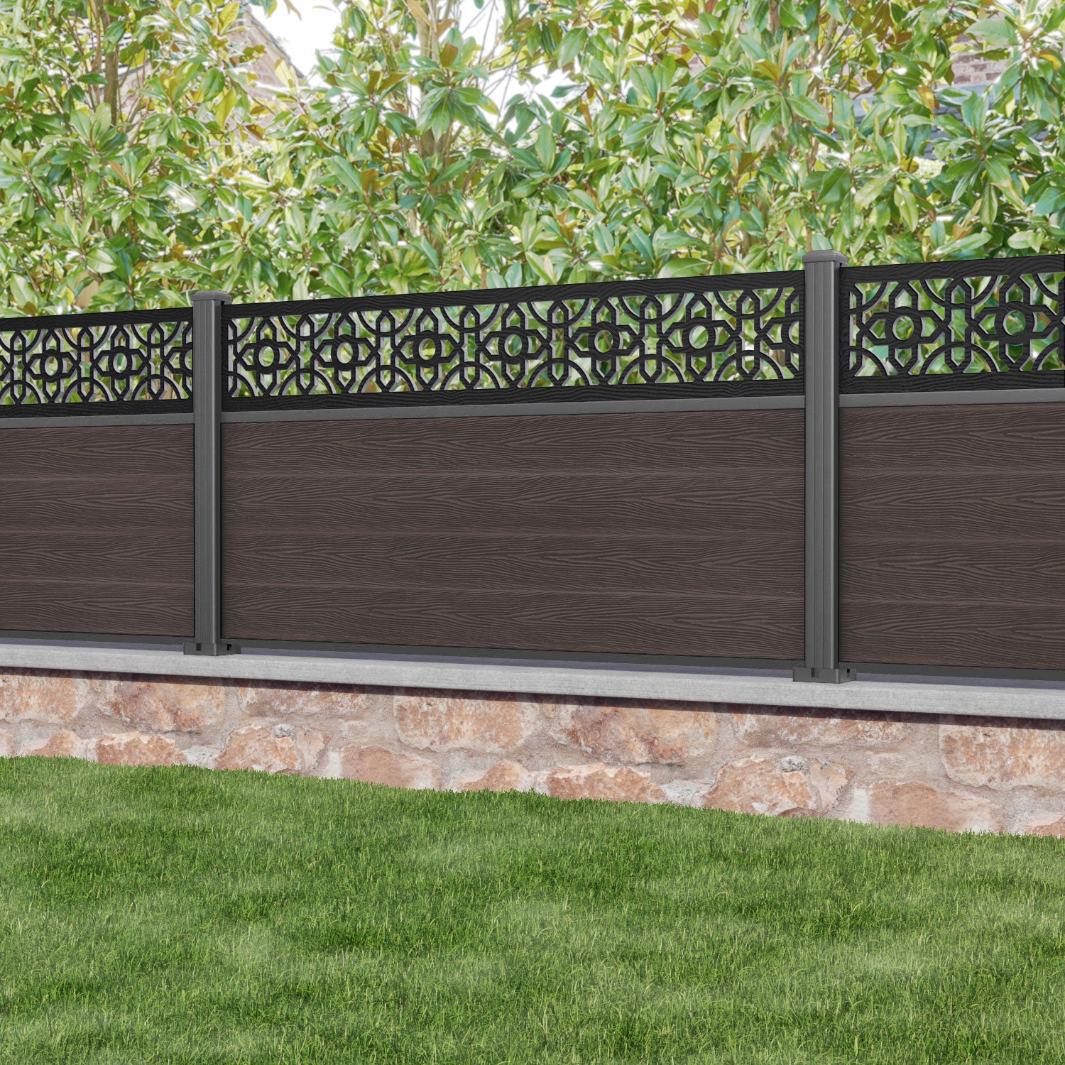 Classic Nabila Fence Panel - Mid Brown - with our aluminium posts