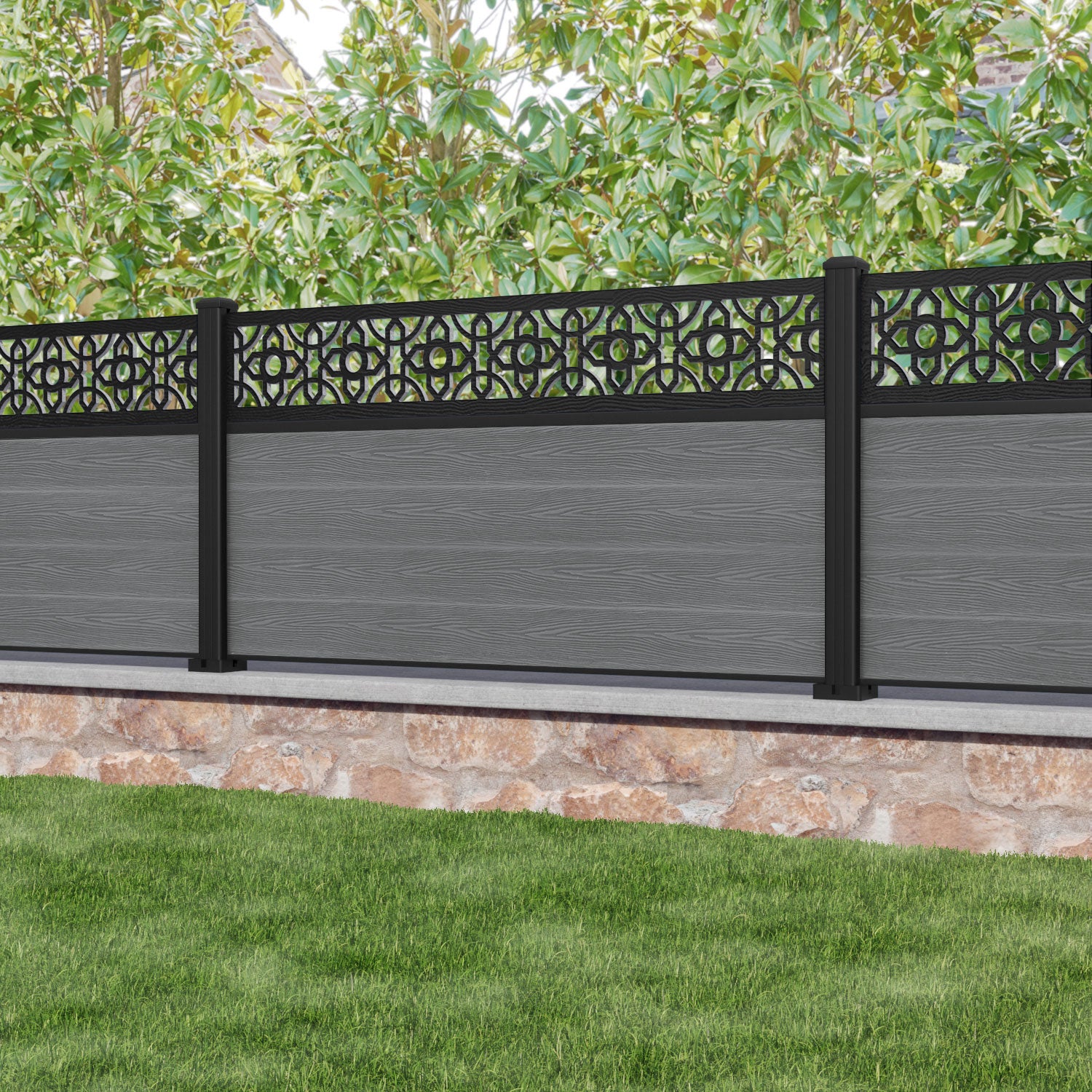 Classic Nabila Fence Panel - Mid Grey - with our aluminium posts