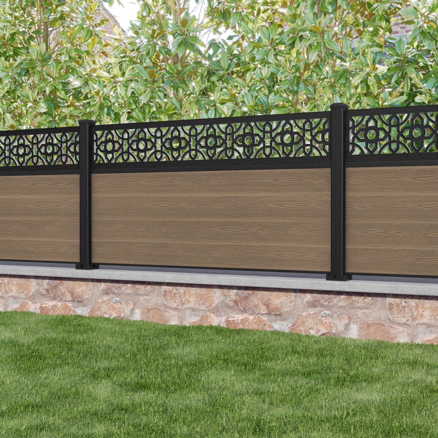 Classic Nabila Fence Panel - Teak - with our aluminium posts