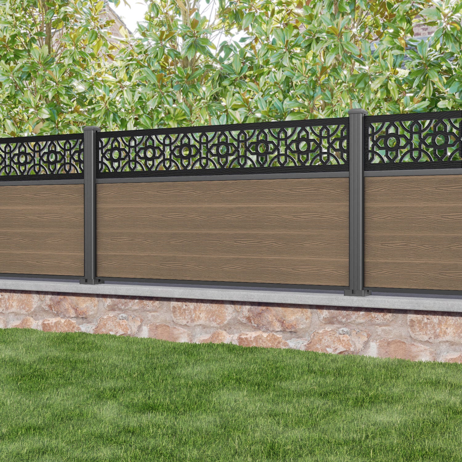 Classic Nabila Fence Panel - Teak - with our aluminium posts