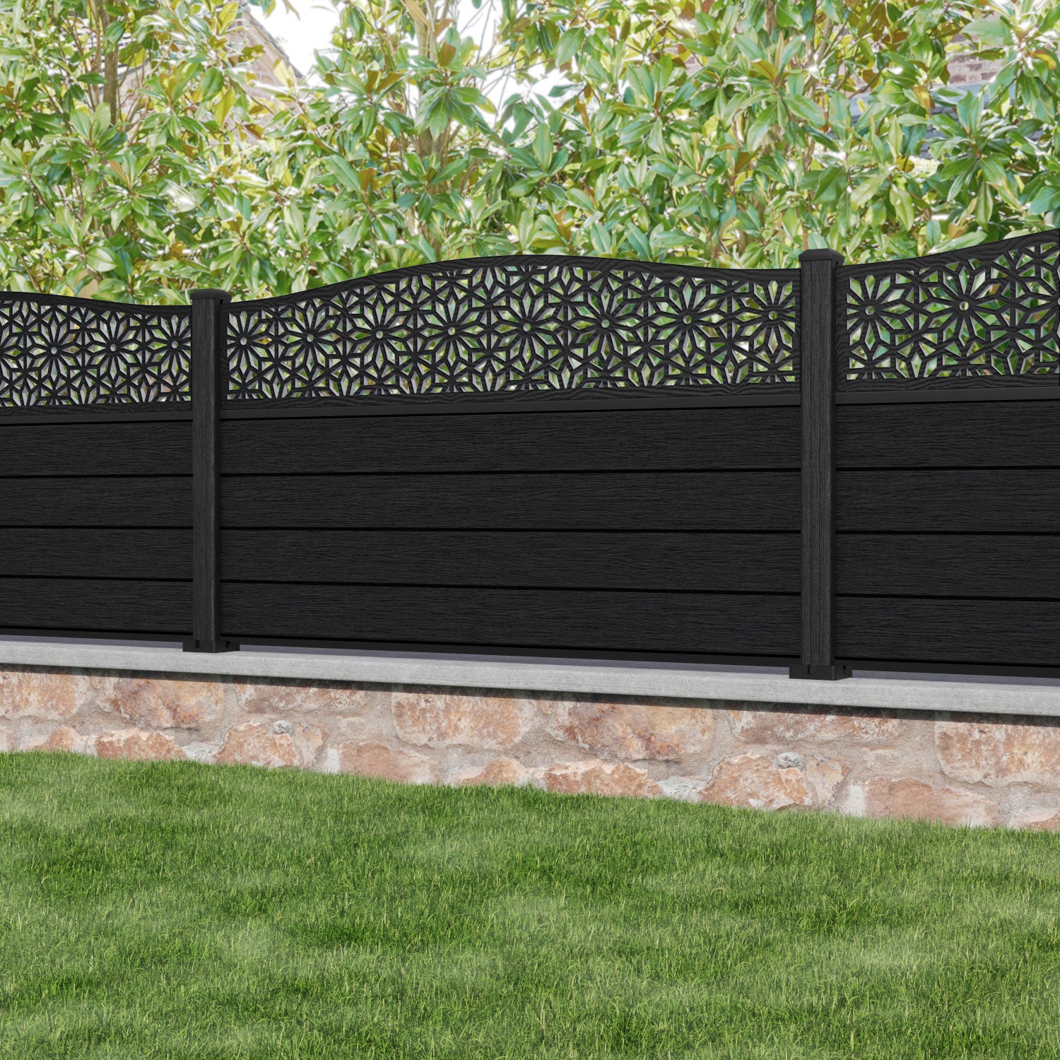 Fusion Narwa Curved Top Fence Panel - Black - with our composite posts