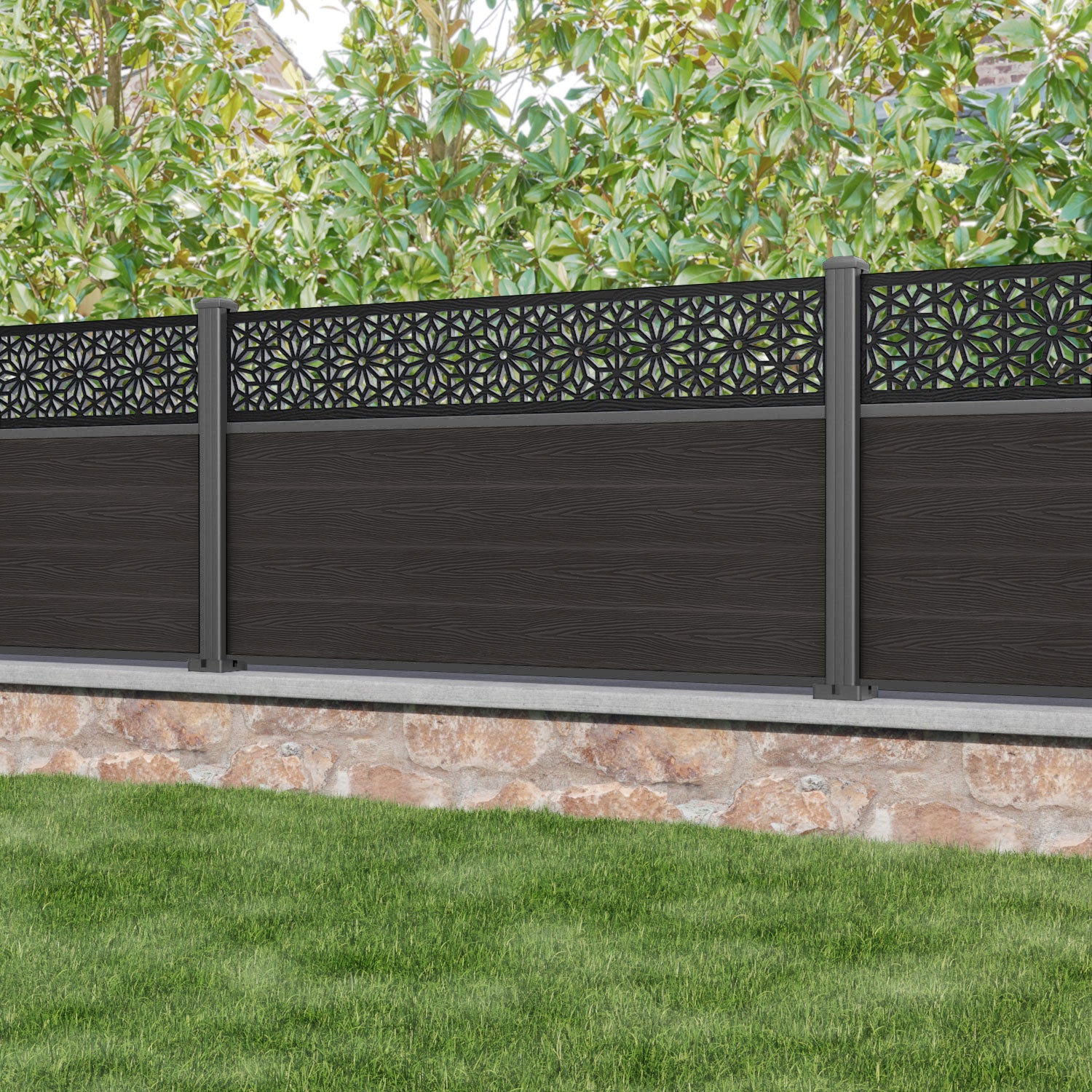 Classic Narwa Fence Panel - Dark Oak - with our aluminium posts