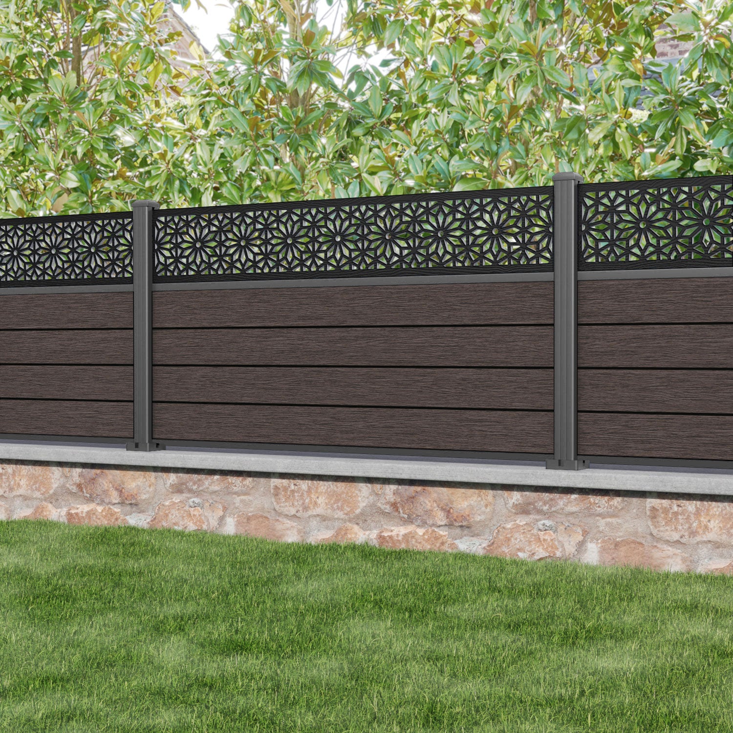 Fusion Narwa Fence Panel - Mid Brown - with our aluminium posts
