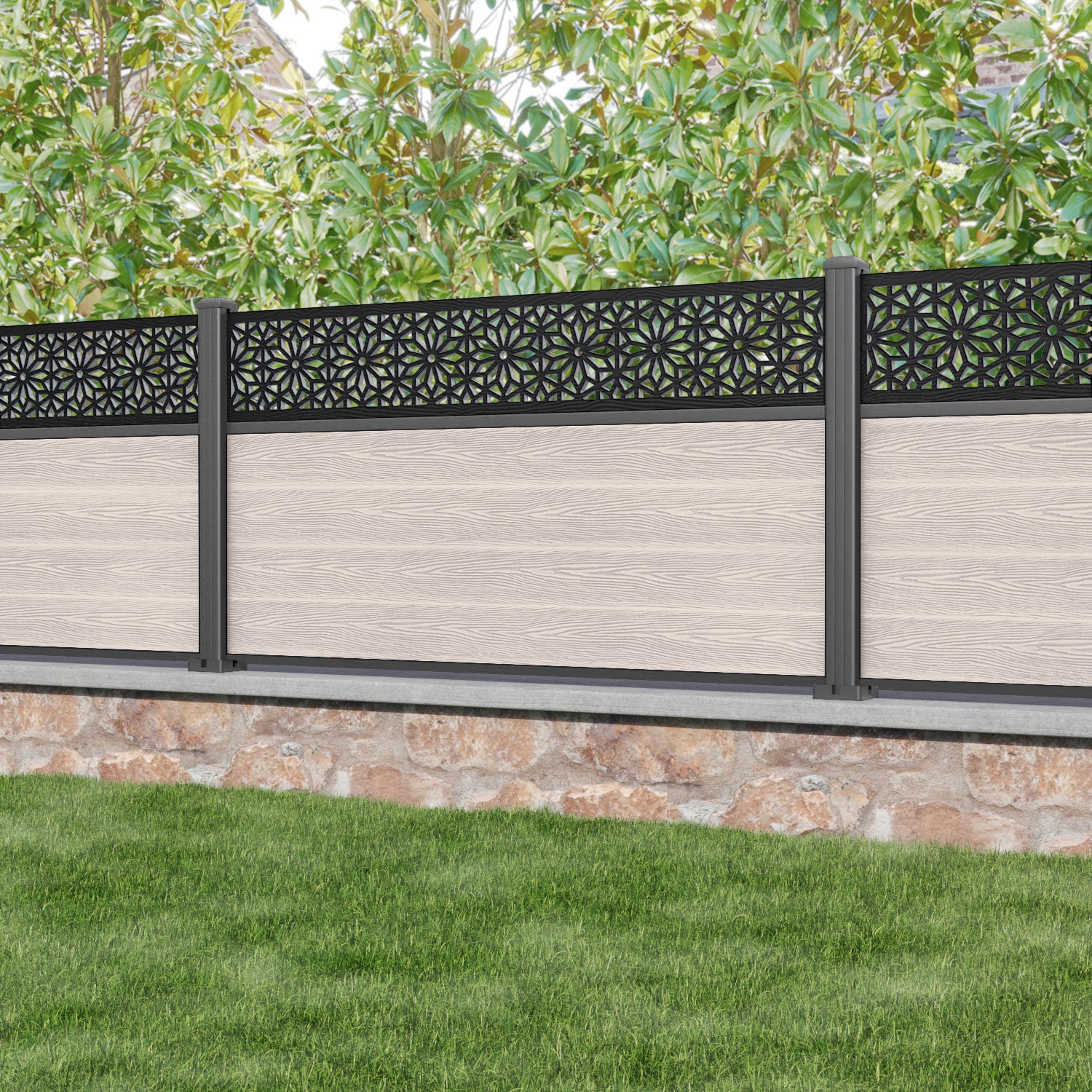 Classic Narwa Fence Panel - Mid Stone - with our aluminium posts