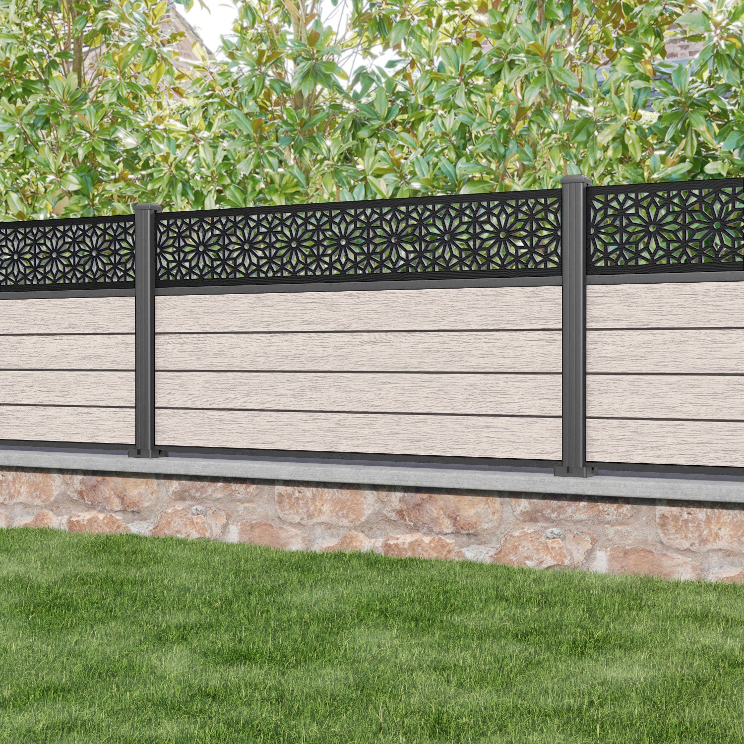 Fusion Narwa Fence Panel - Mid Stone - with our aluminium posts