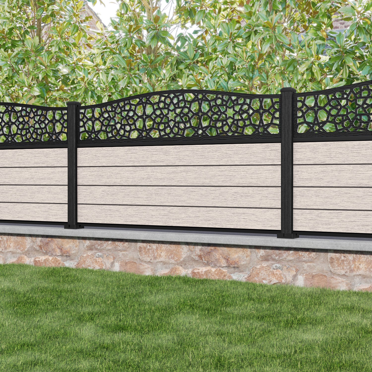 Fusion Nazira Curved Top Fence Panel - Mid Stone - with our composite posts