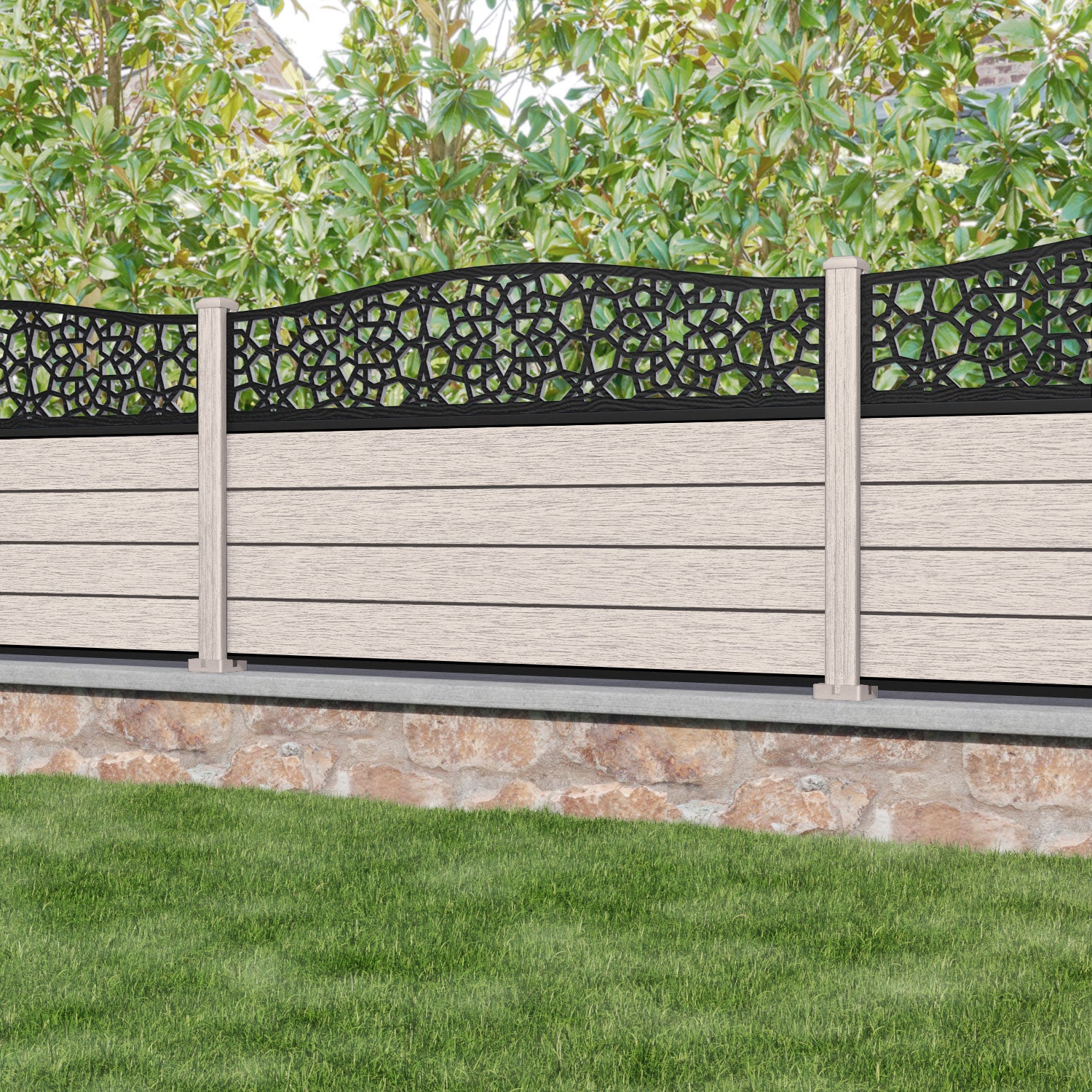 Fusion Nazira Curved Top Fence Panel - Mid Stone - with our composite posts