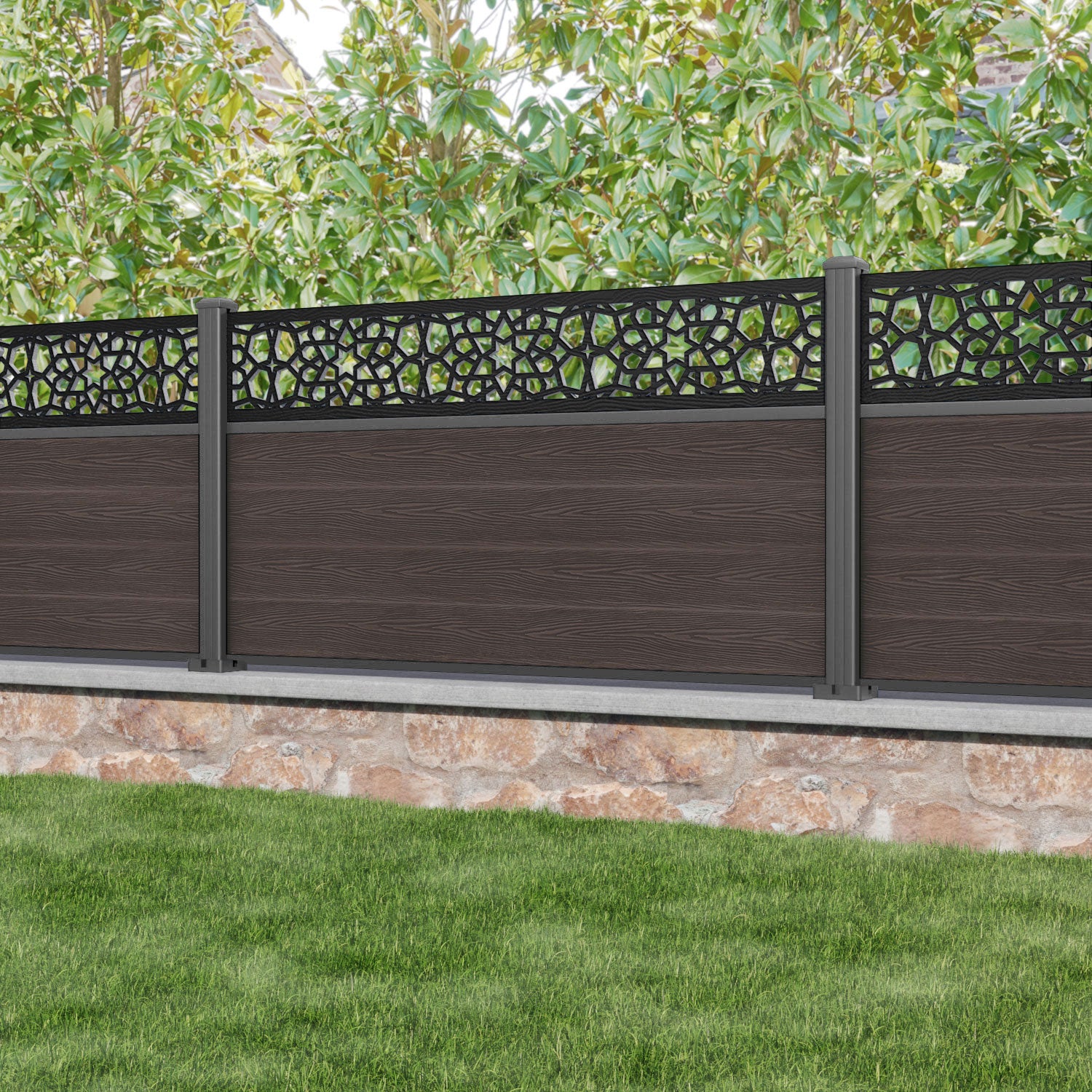 Classic Nazira Fence Panel - Mid Brown - with our aluminium posts