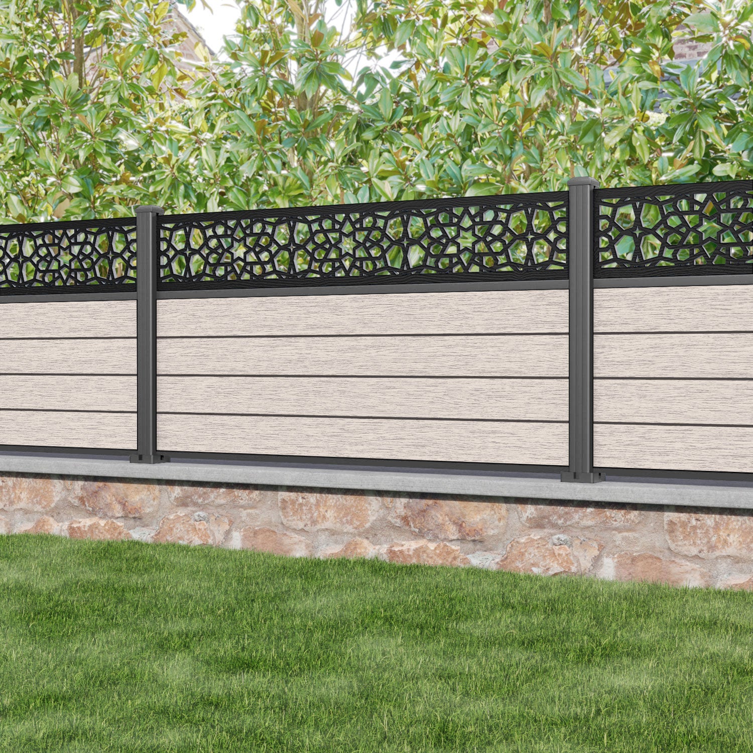 Fusion Nazira Fence Panel - Mid Stone - with our aluminium posts