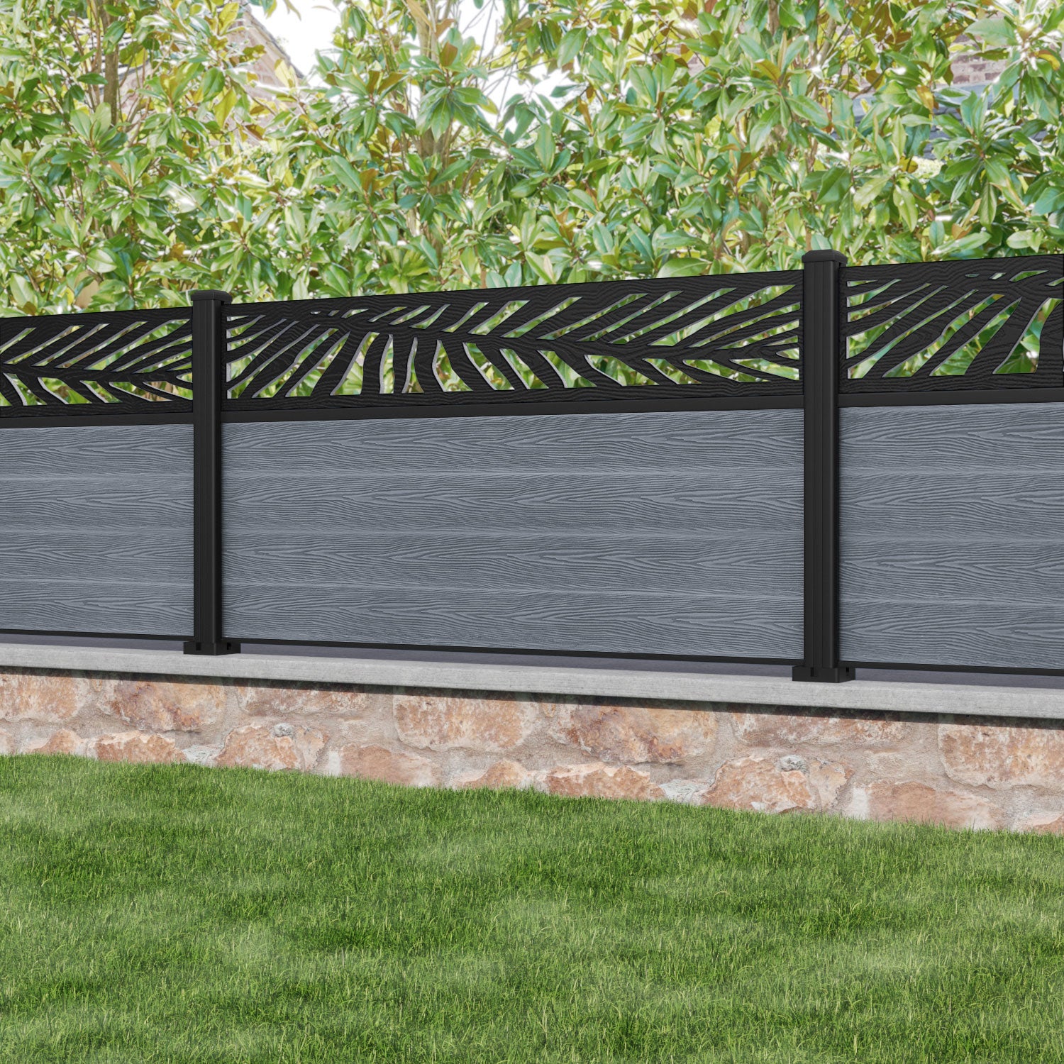 Classic Palm Fence Panel - Anthracite - with our aluminium posts