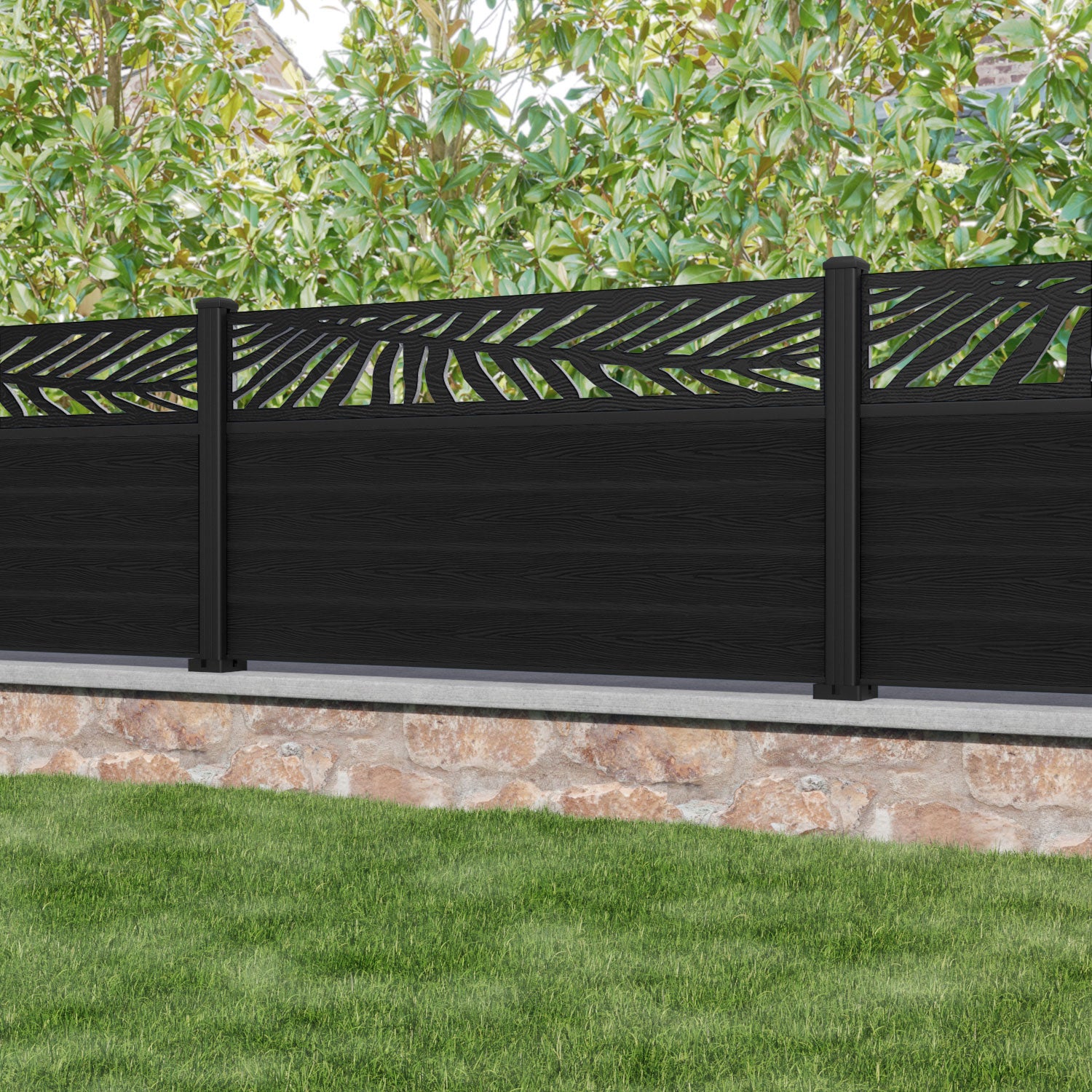 Classic Palm Fence Panel - Black - with our aluminium posts