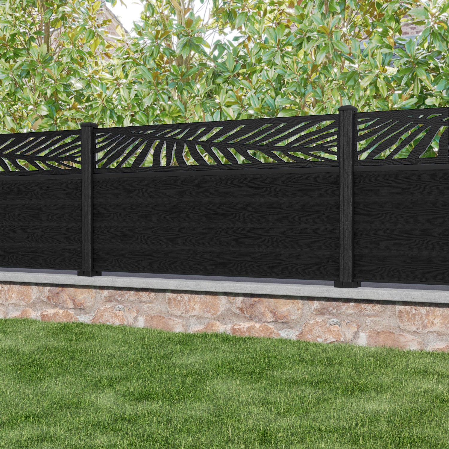 Classic Palm Fence Panel - Black - with our composite posts