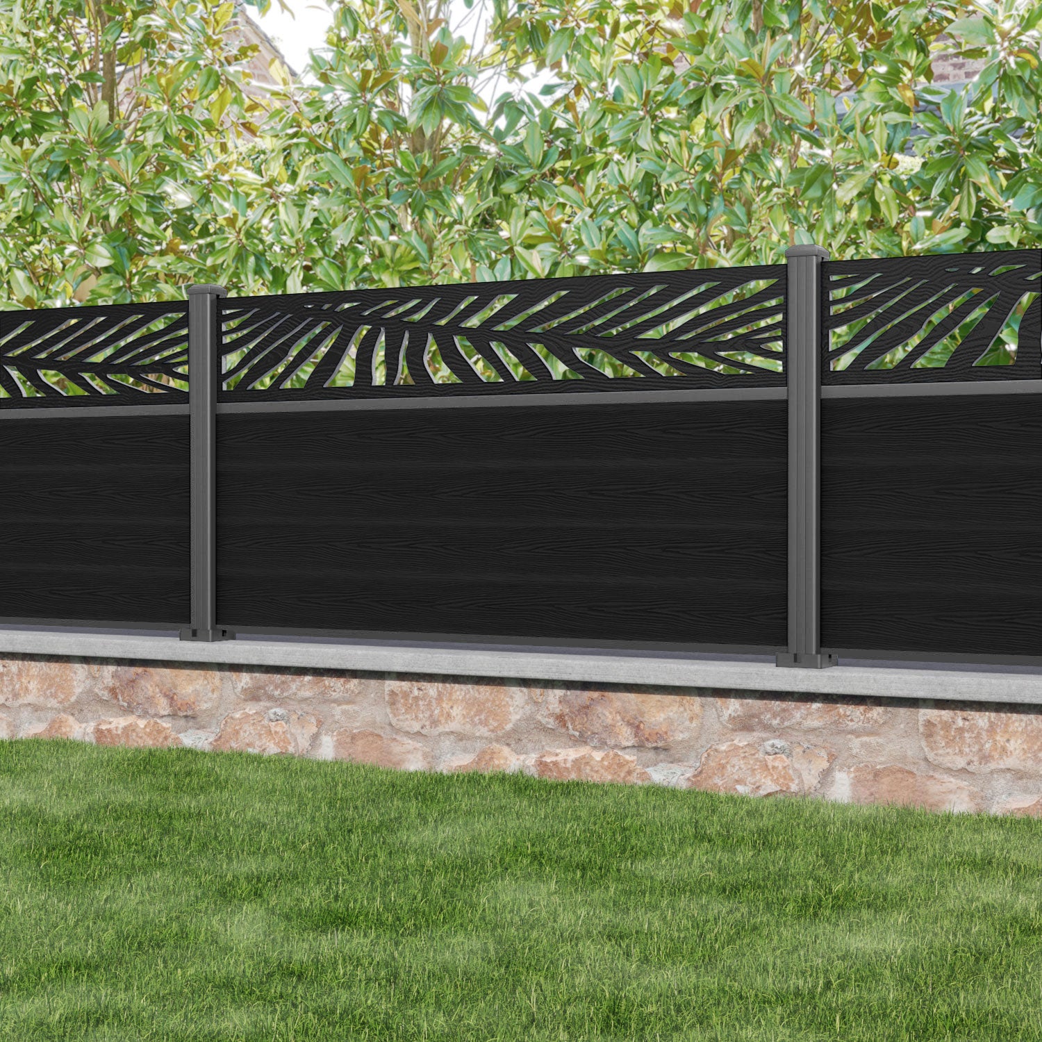 Classic Palm Fence Panel - Black - with our aluminium posts