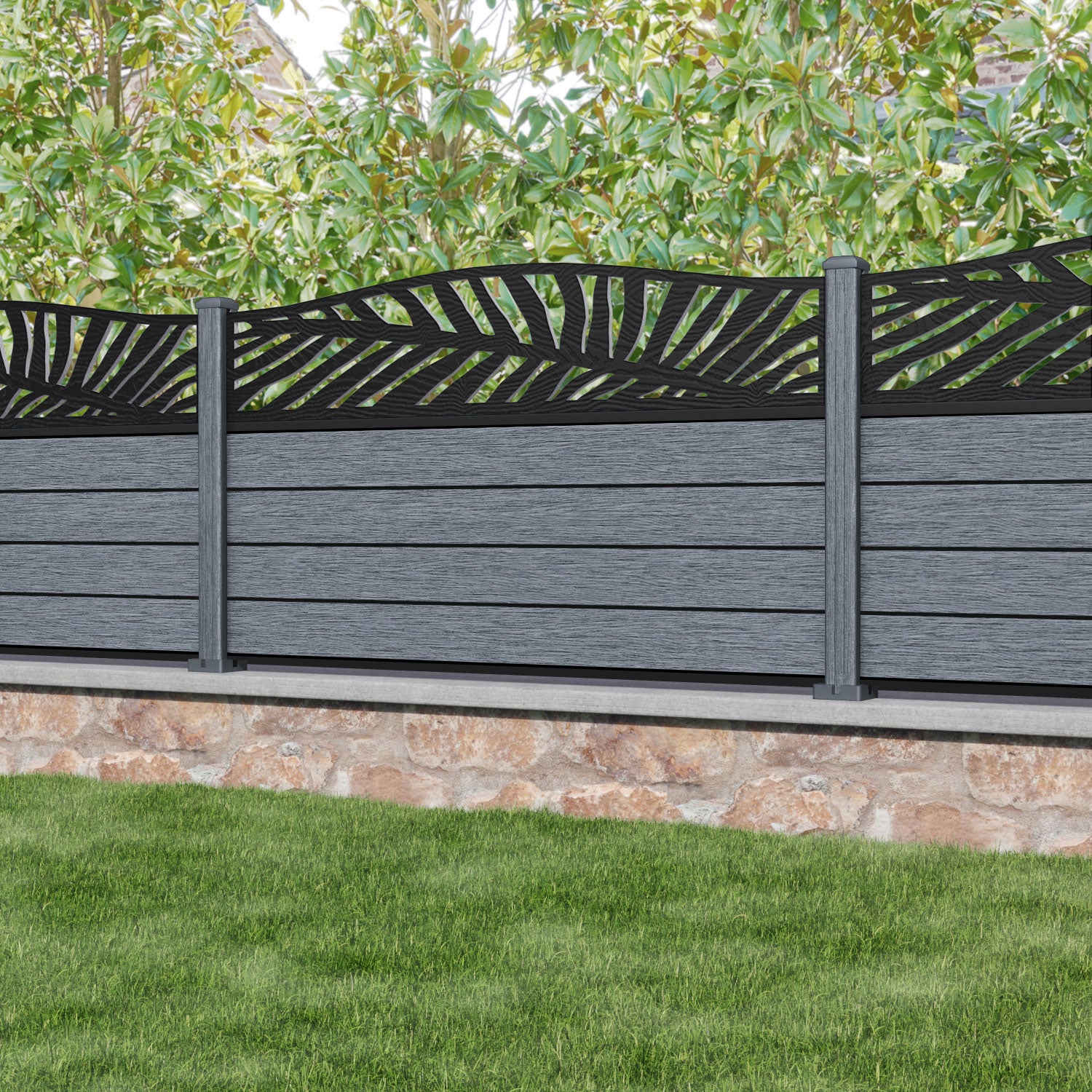 Fusion Palm Curved Top Fence Panel - Anthracite - with our composite posts