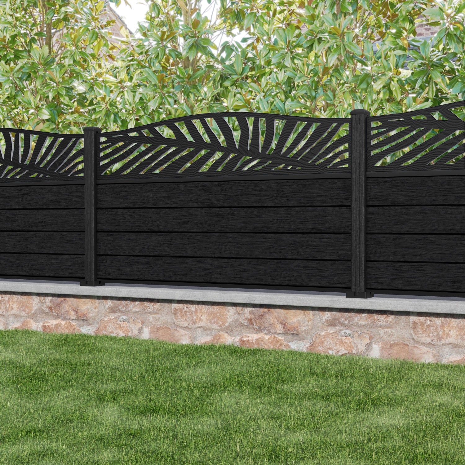 Fusion Palm Curved Top Fence Panel - Black - with our composite posts