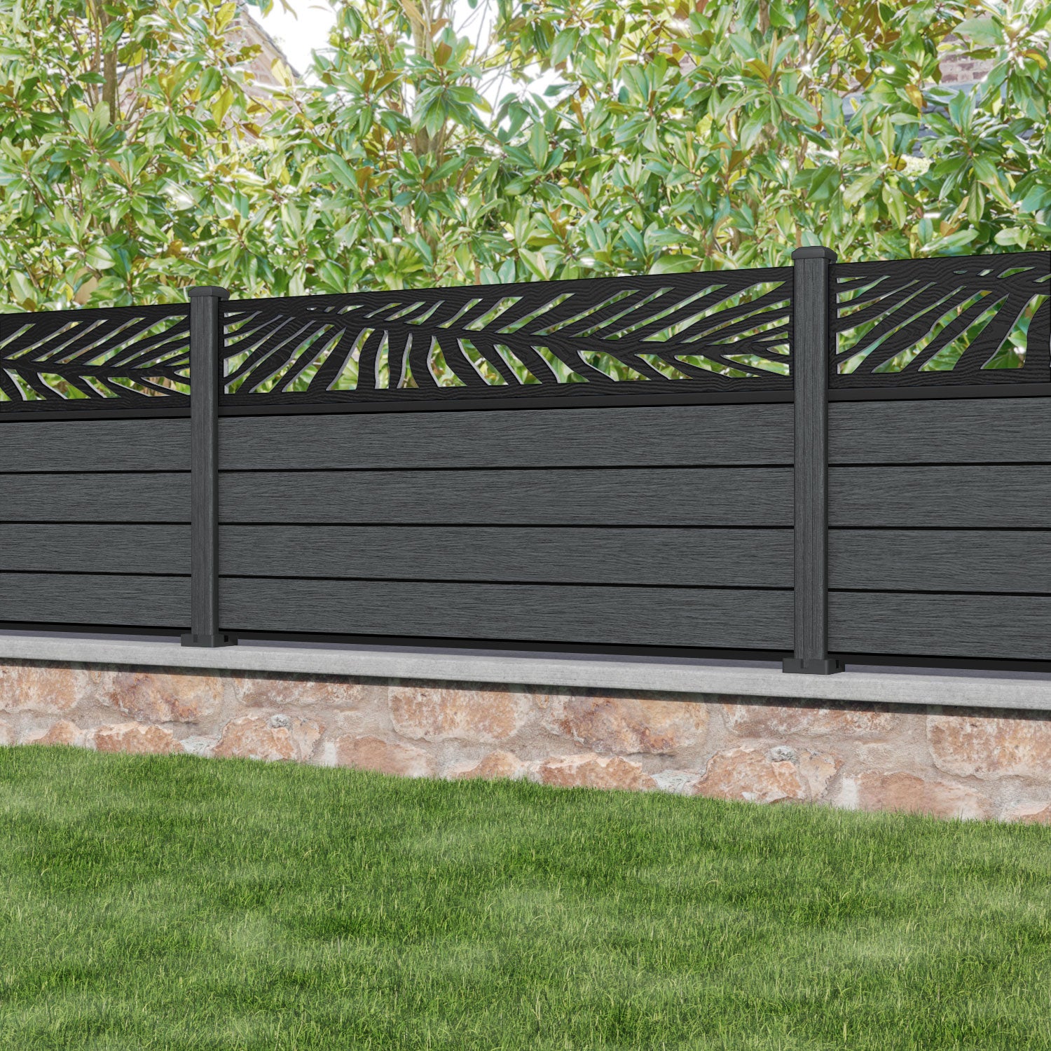 Fusion Palm Fence Panel - Dark Grey - with our composite posts