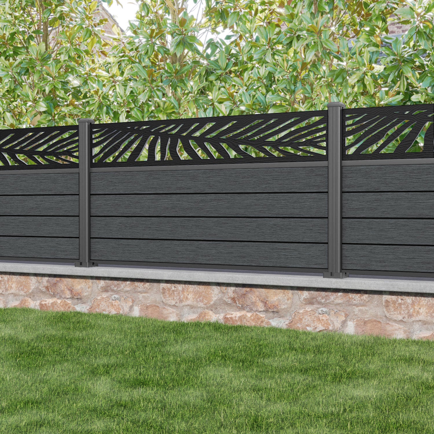 Fusion Palm Fence Panel - Dark Grey - with our aluminium posts
