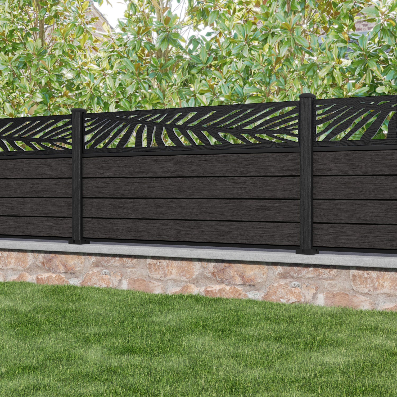 Fusion Palm Fence Panel - Dark Oak - with our composite posts