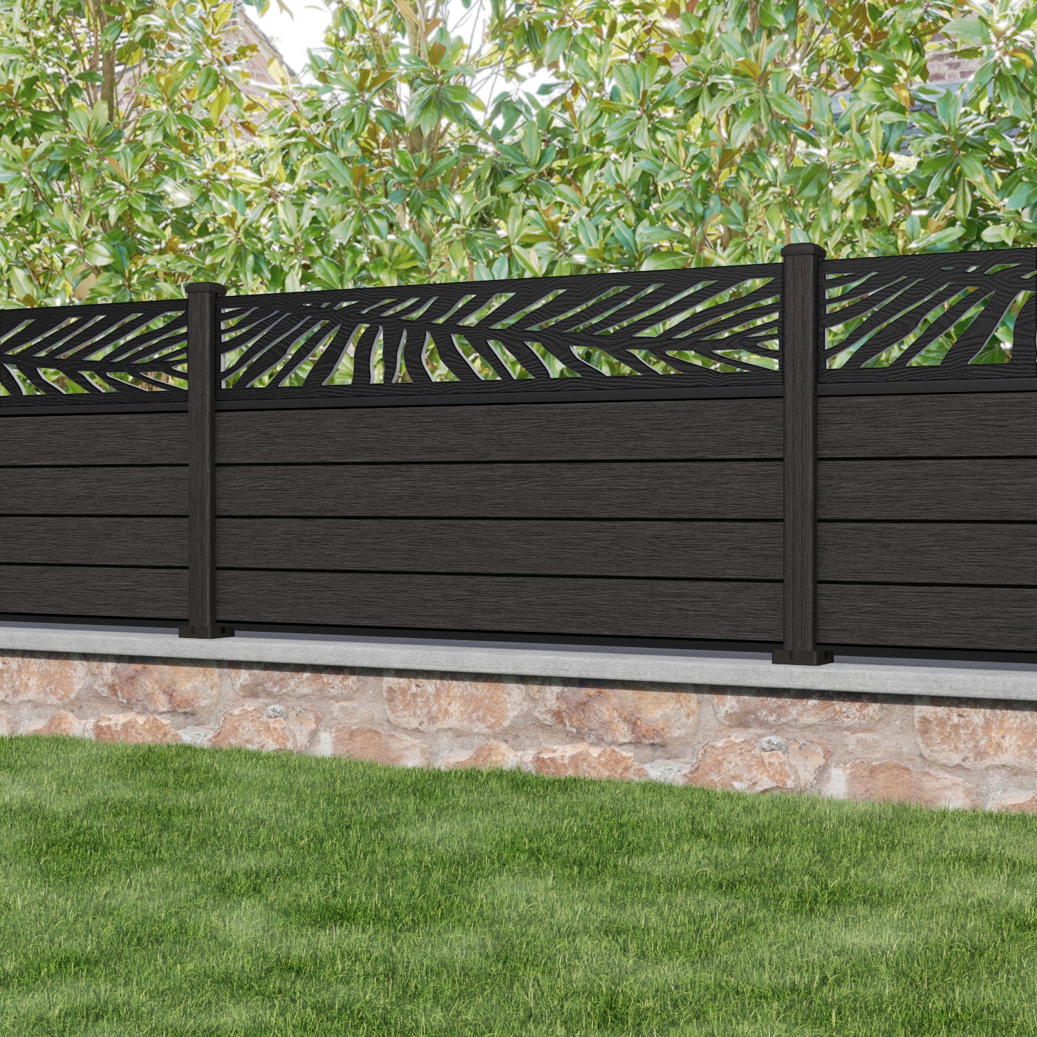Fusion Palm Fence Panel - Dark Oak - with our composite posts