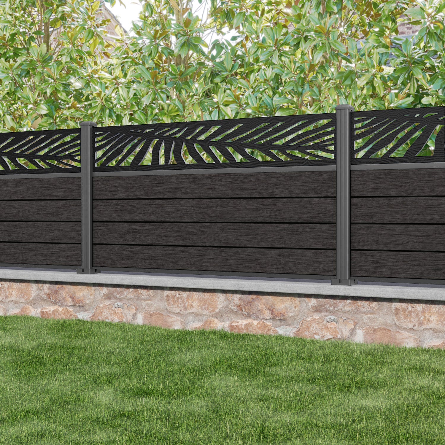 Fusion Palm Fence Panel - Dark Oak - with our aluminium posts
