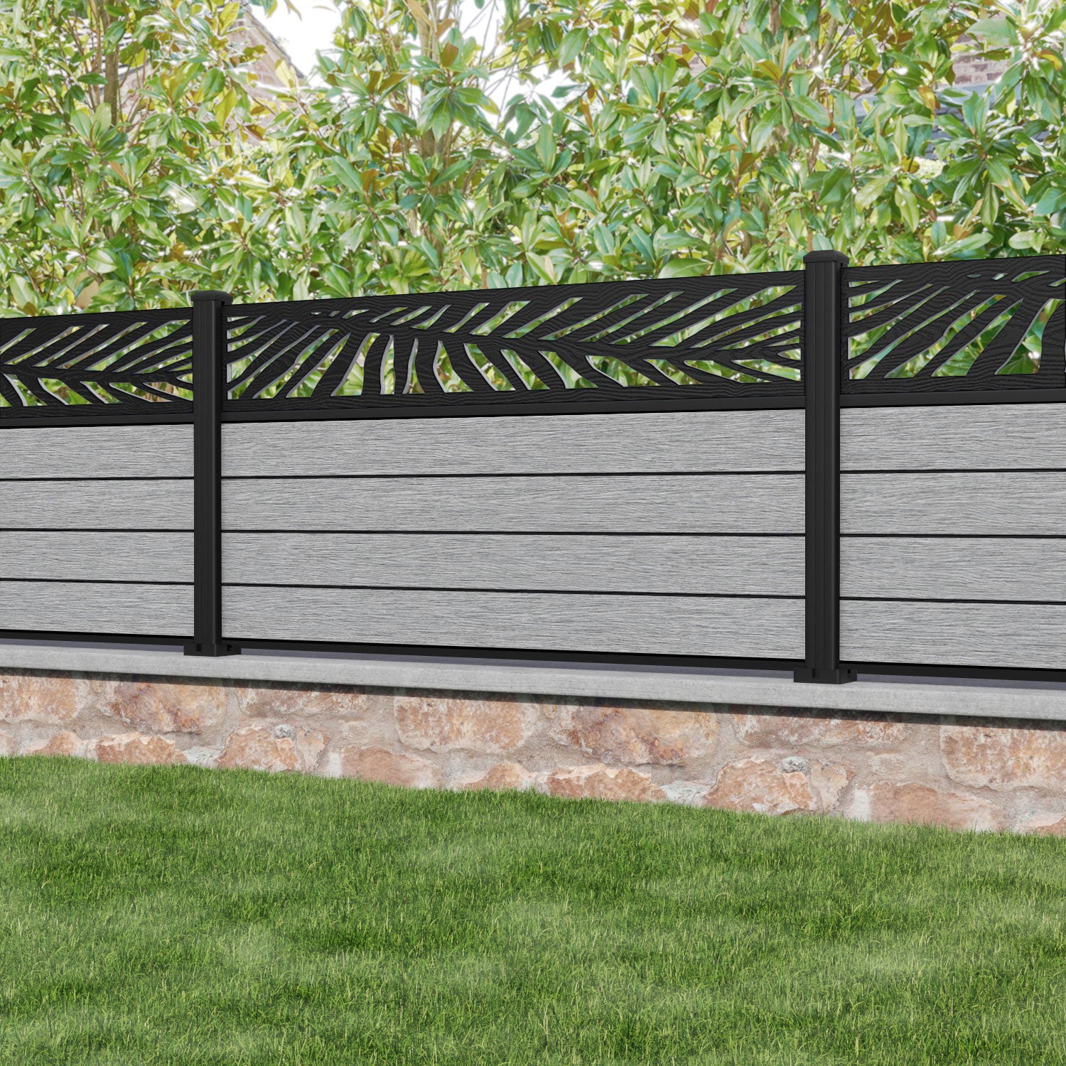 Fusion Palm Fence Panel - Light Grey - with our aluminium posts