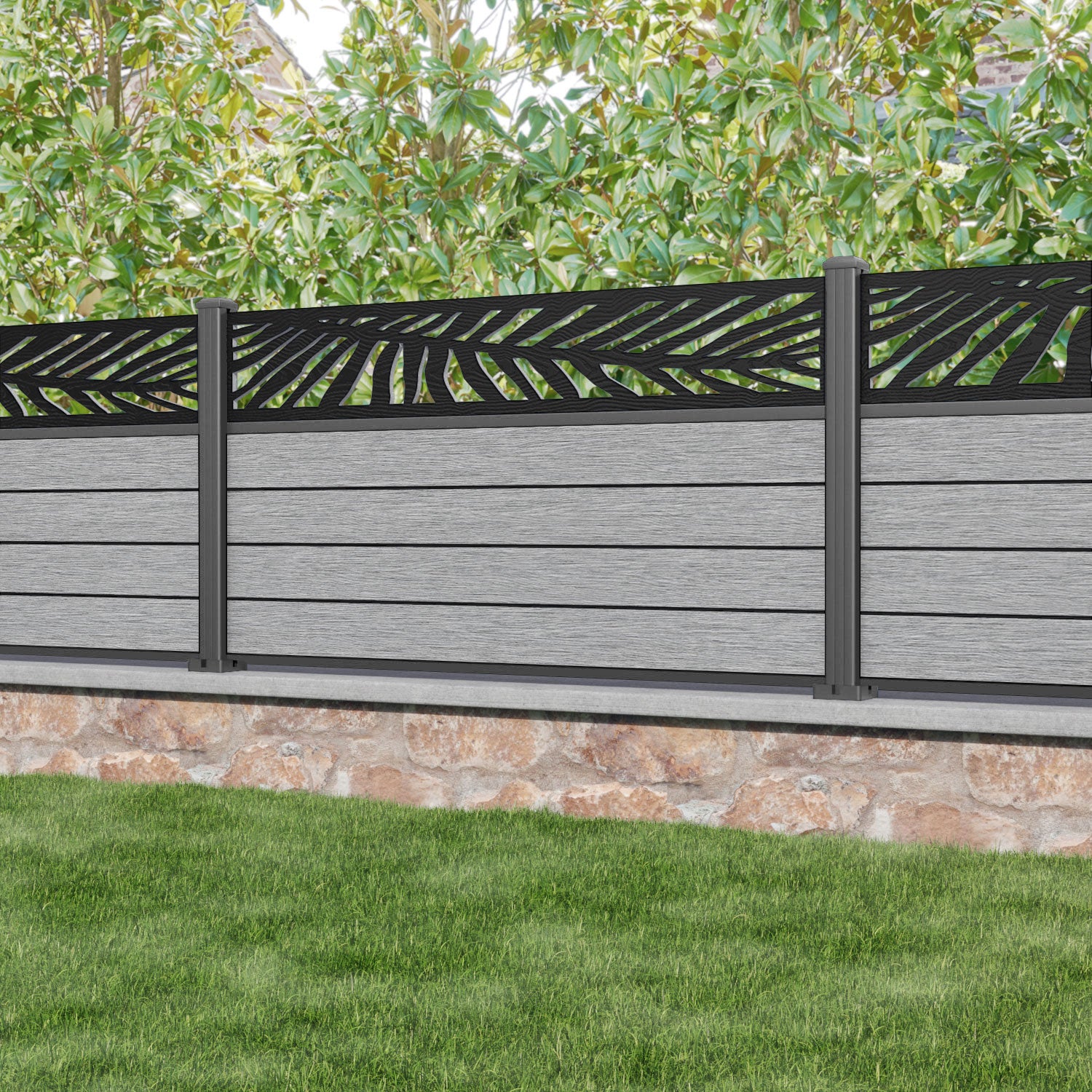 Fusion Palm Fence Panel - Light Grey - with our aluminium posts