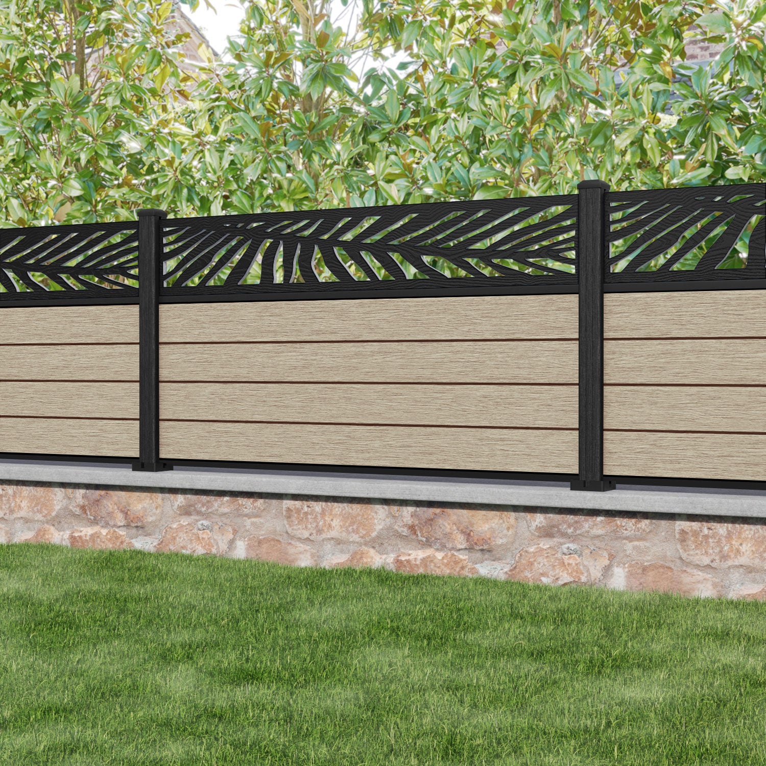 Fusion Palm Fence Panel - Light Oak - with our composite posts
