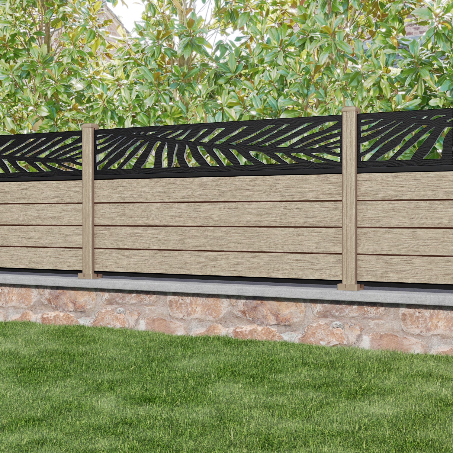 Fusion Palm Fence Panel - Light Oak - with our composite posts
