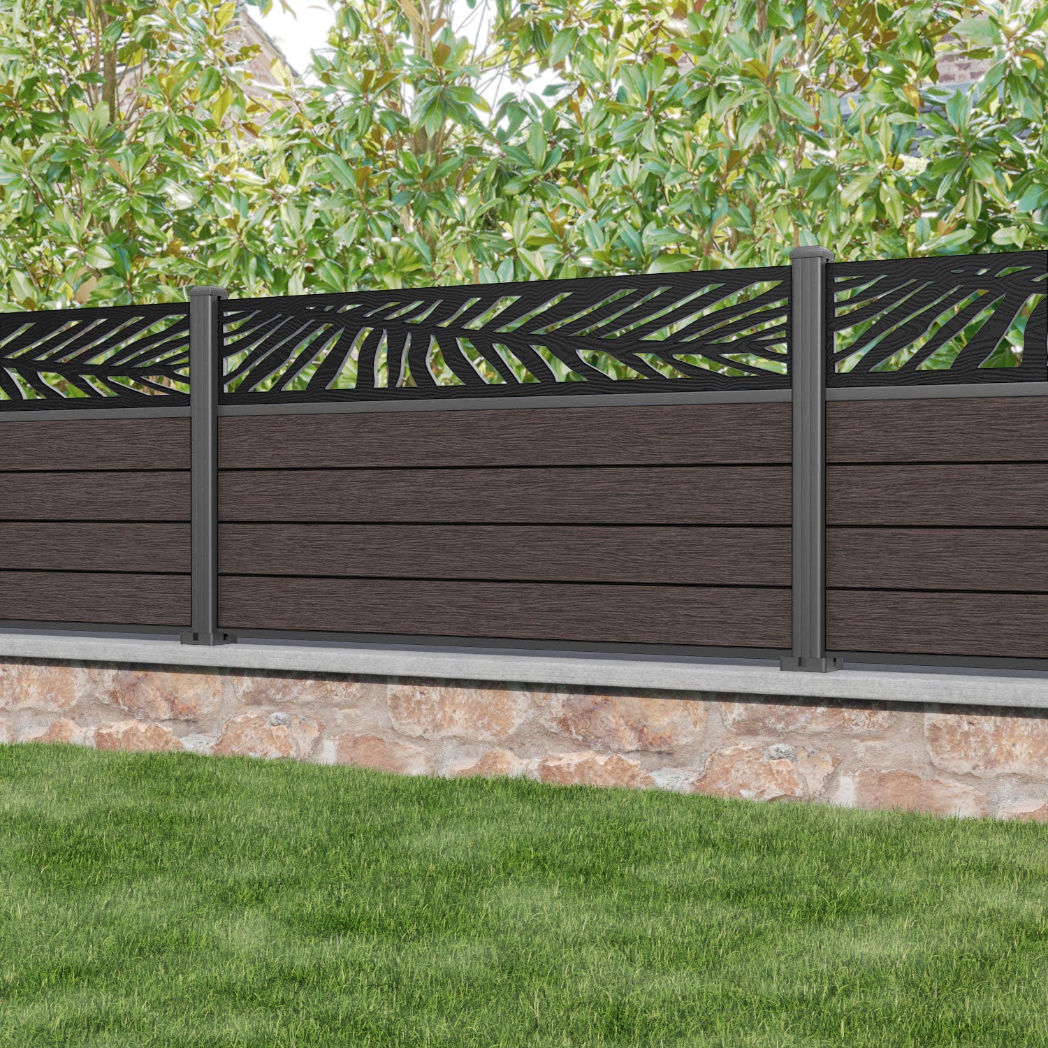 Fusion Palm Fence Panel - Mid Brown - with our aluminium posts