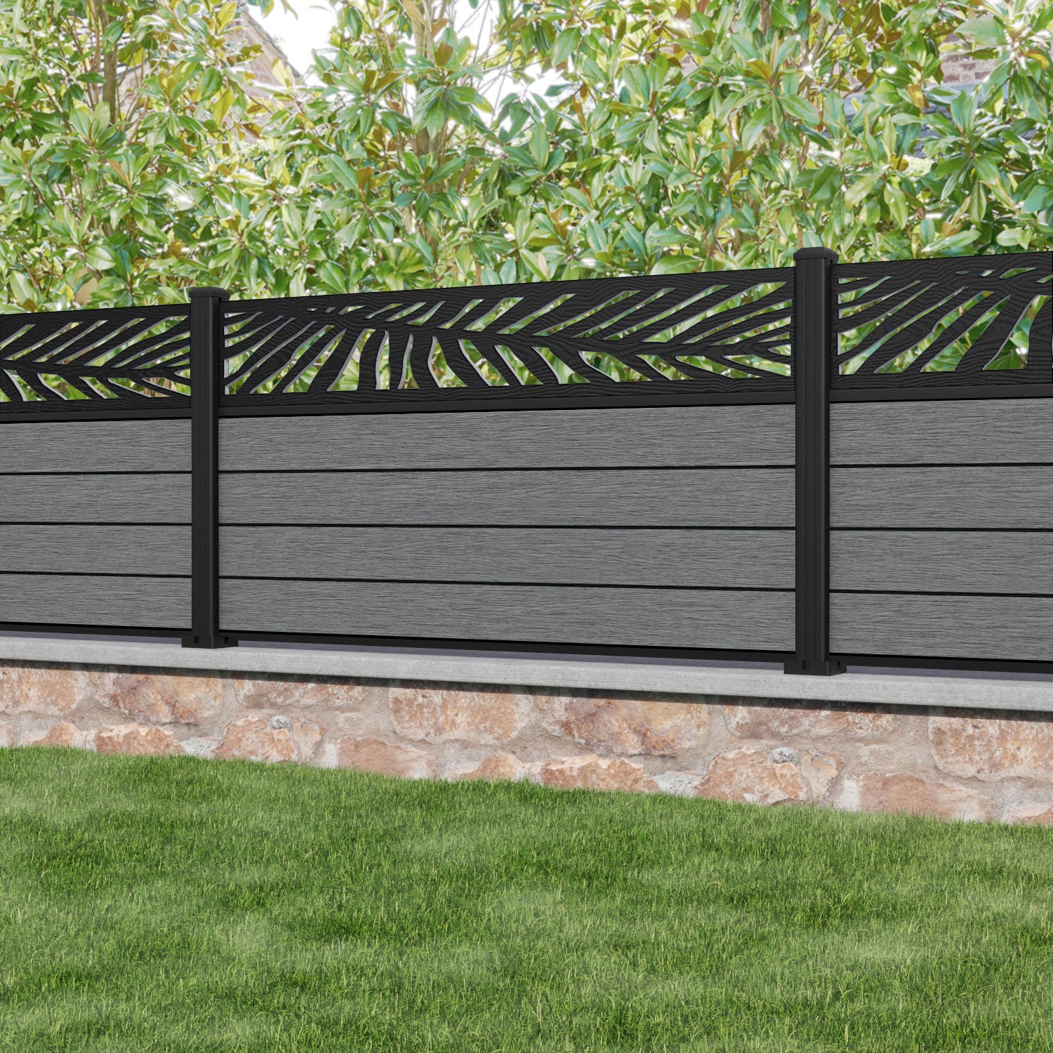 Fusion Palm Fence Panel - Mid Grey - with our aluminium posts
