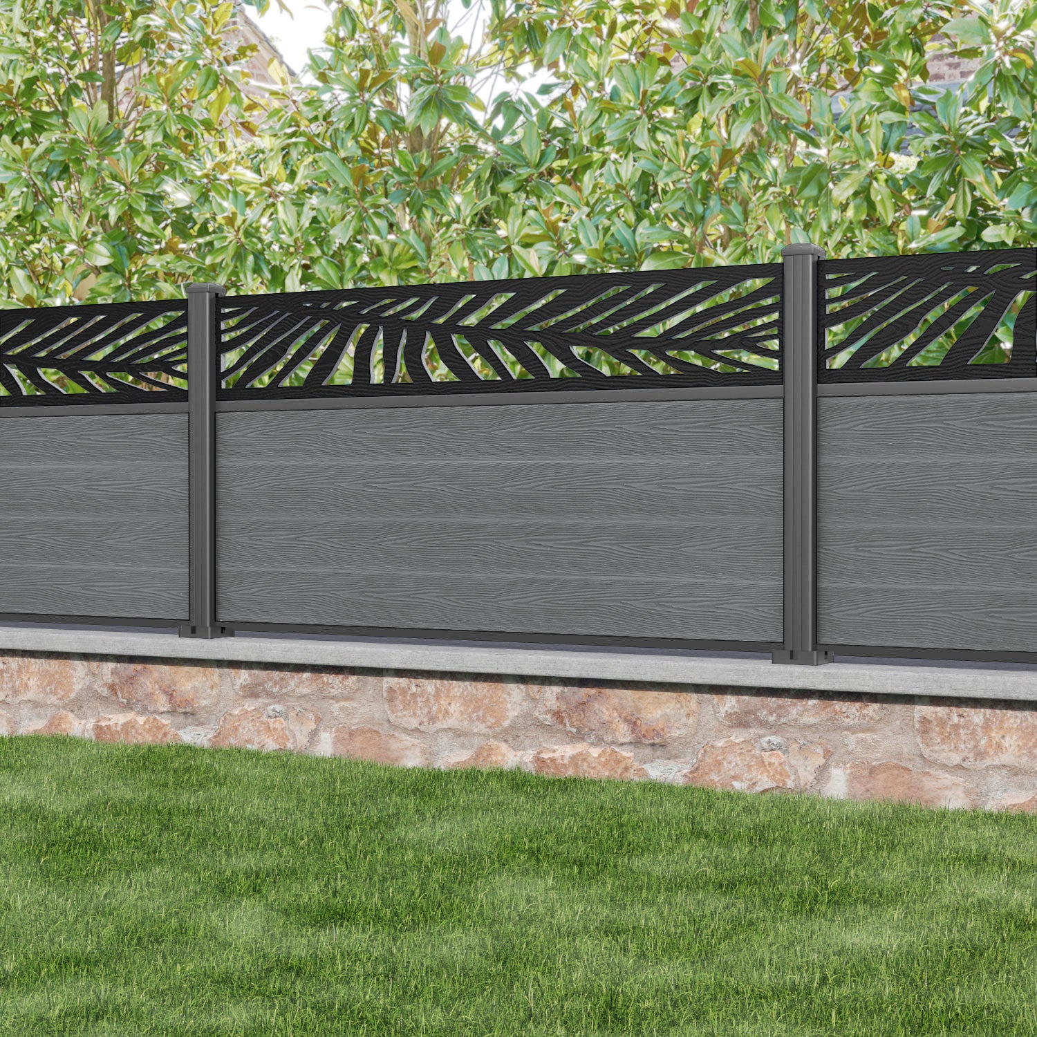 Classic Palm Fence Panel - Mid Grey - with our aluminium posts