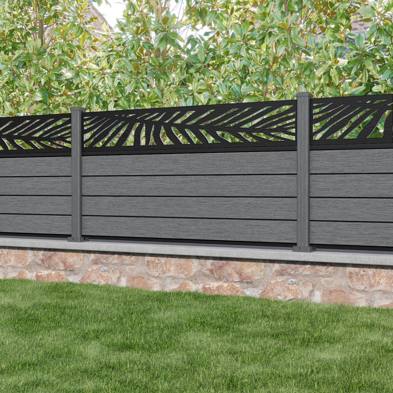 Fusion Palm Fence Panel - Mid Grey - with our composite posts