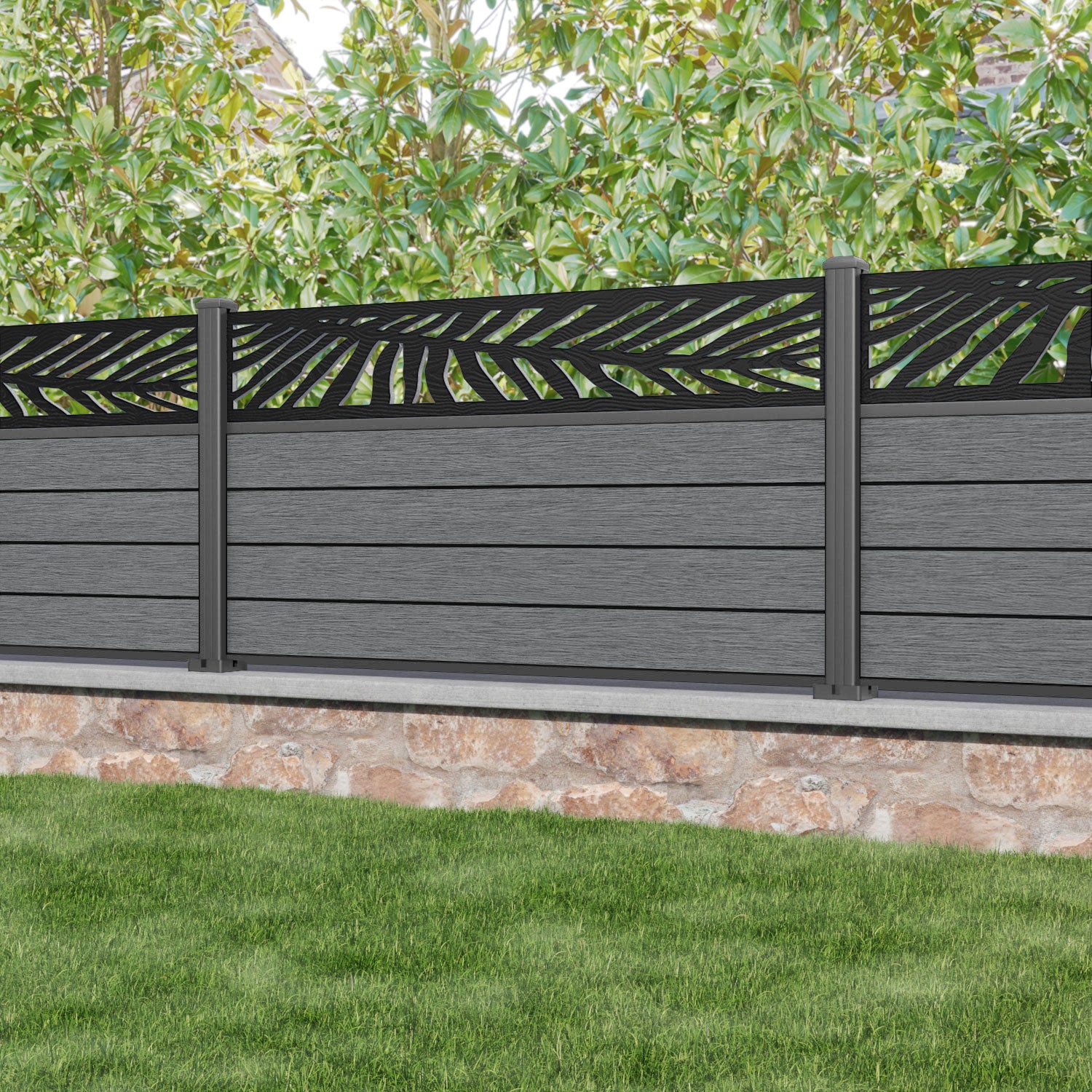 Fusion Palm Fence Panel - Mid Grey - with our aluminium posts