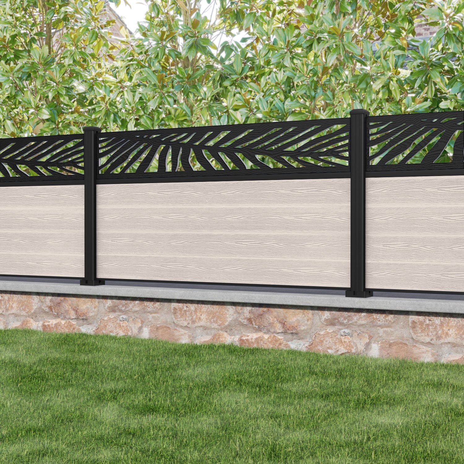 Classic Palm Fence Panel - Mid Stone - with our aluminium posts