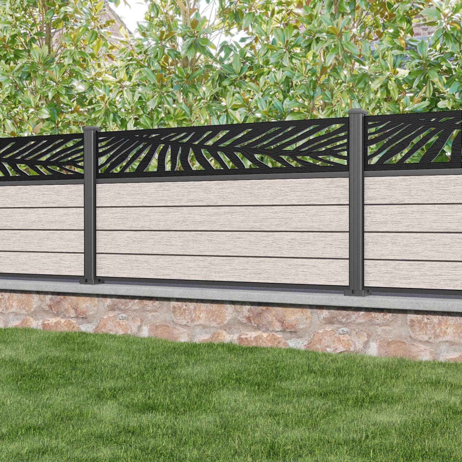 Fusion Palm Fence Panel - Mid Stone - with our aluminium posts