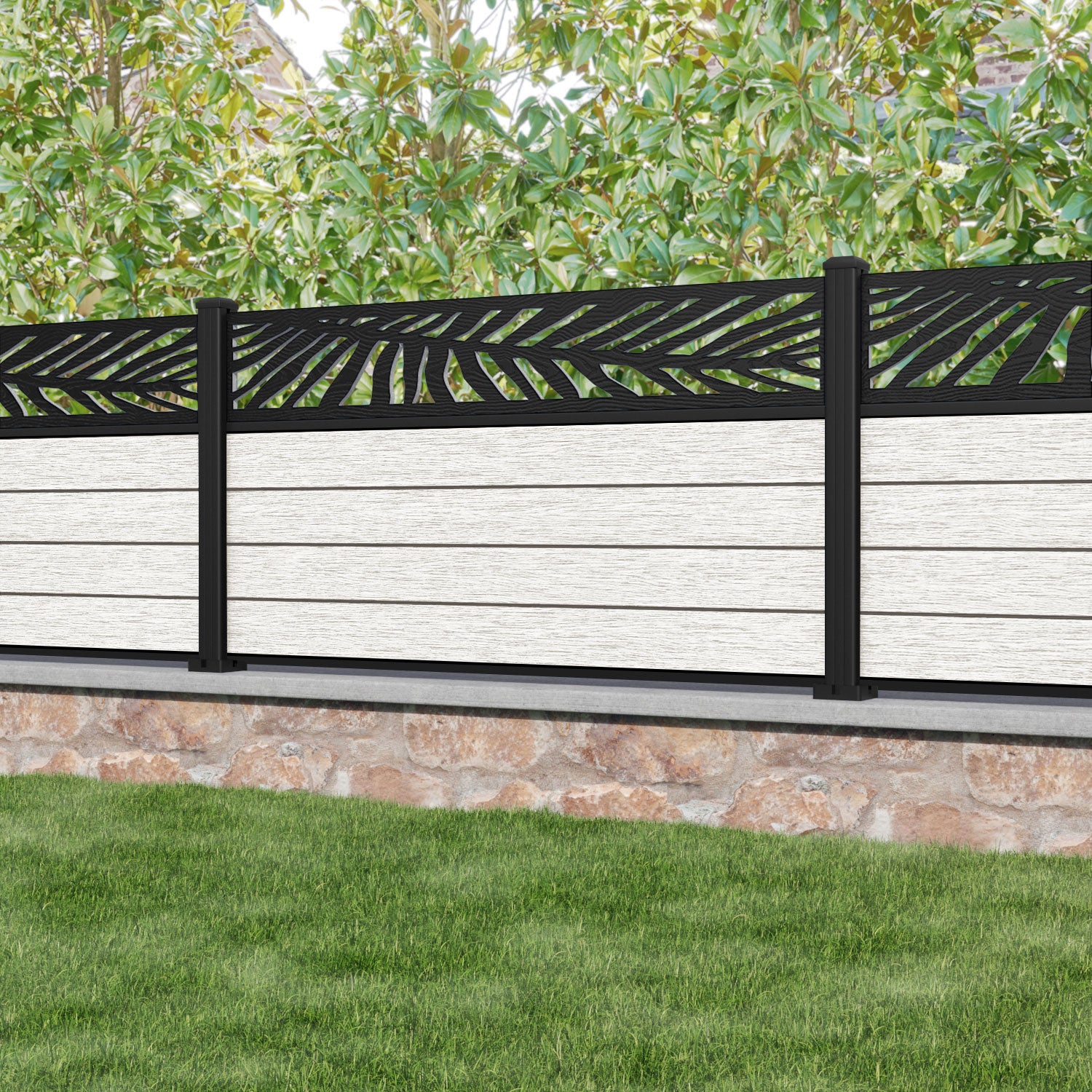 Fusion Palm Fence Panel - Light Stone - with our aluminium posts