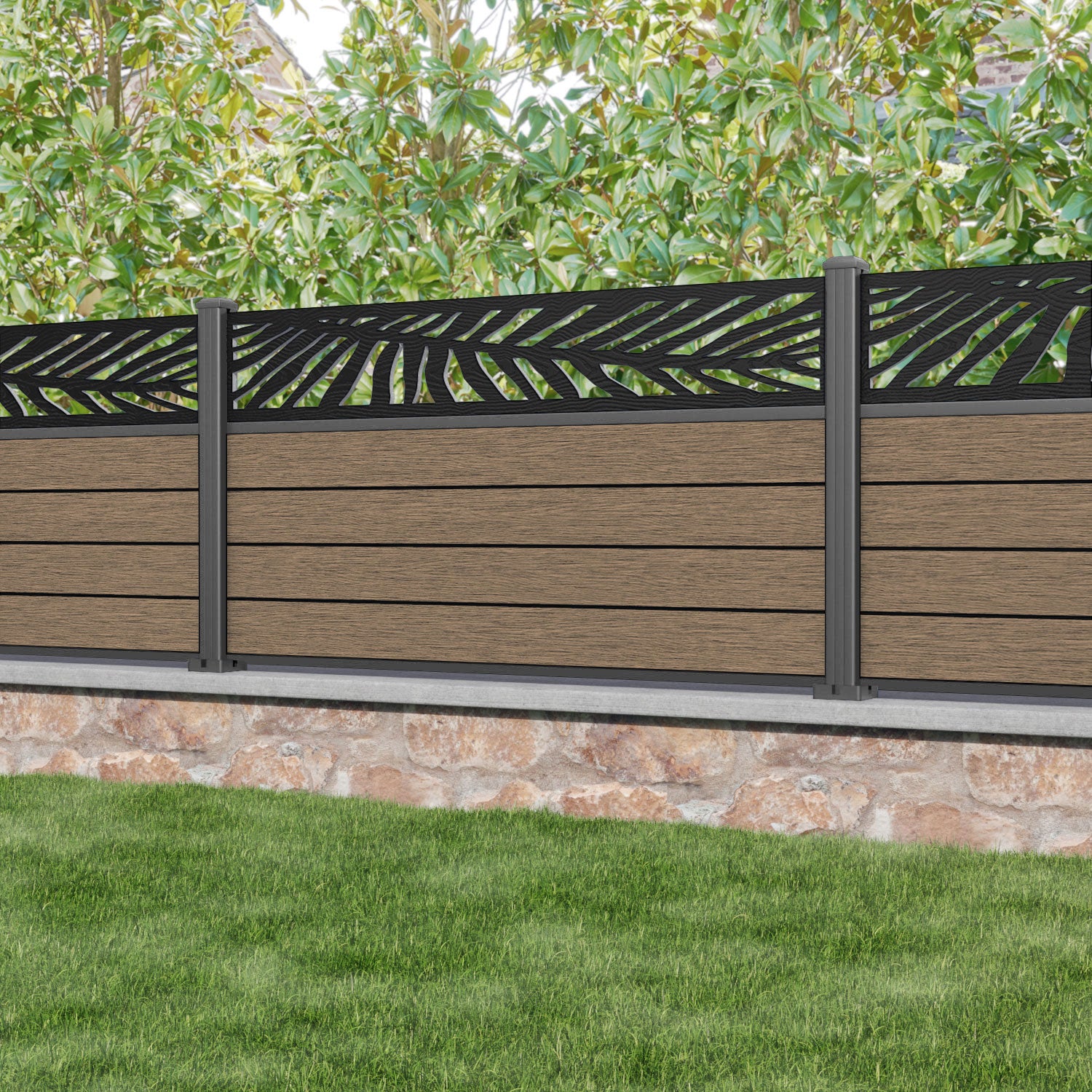 Fusion Palm Fence Panel - Teak - with our aluminium posts