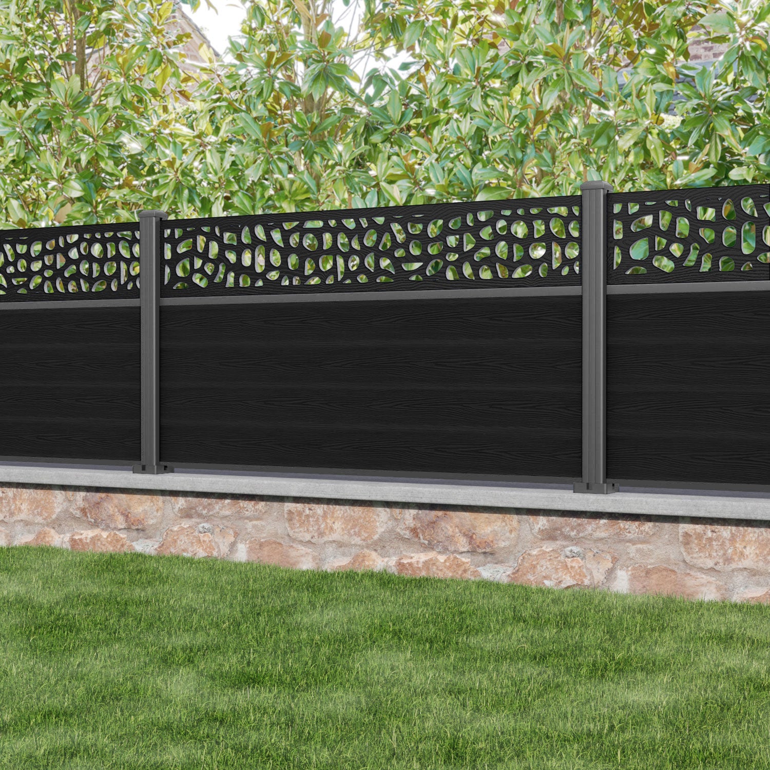 Classic Pebble Fence Panel - Black - with our aluminium posts