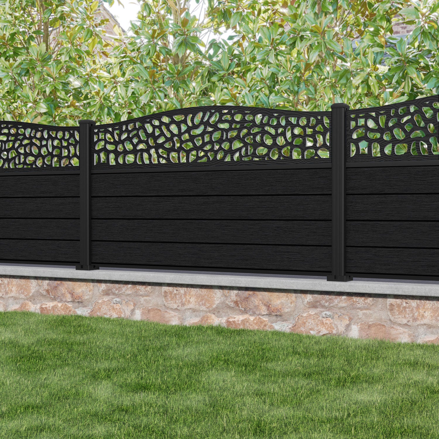 Fusion Pebble Curved Top Fence Panel - Black - with our aluminium posts